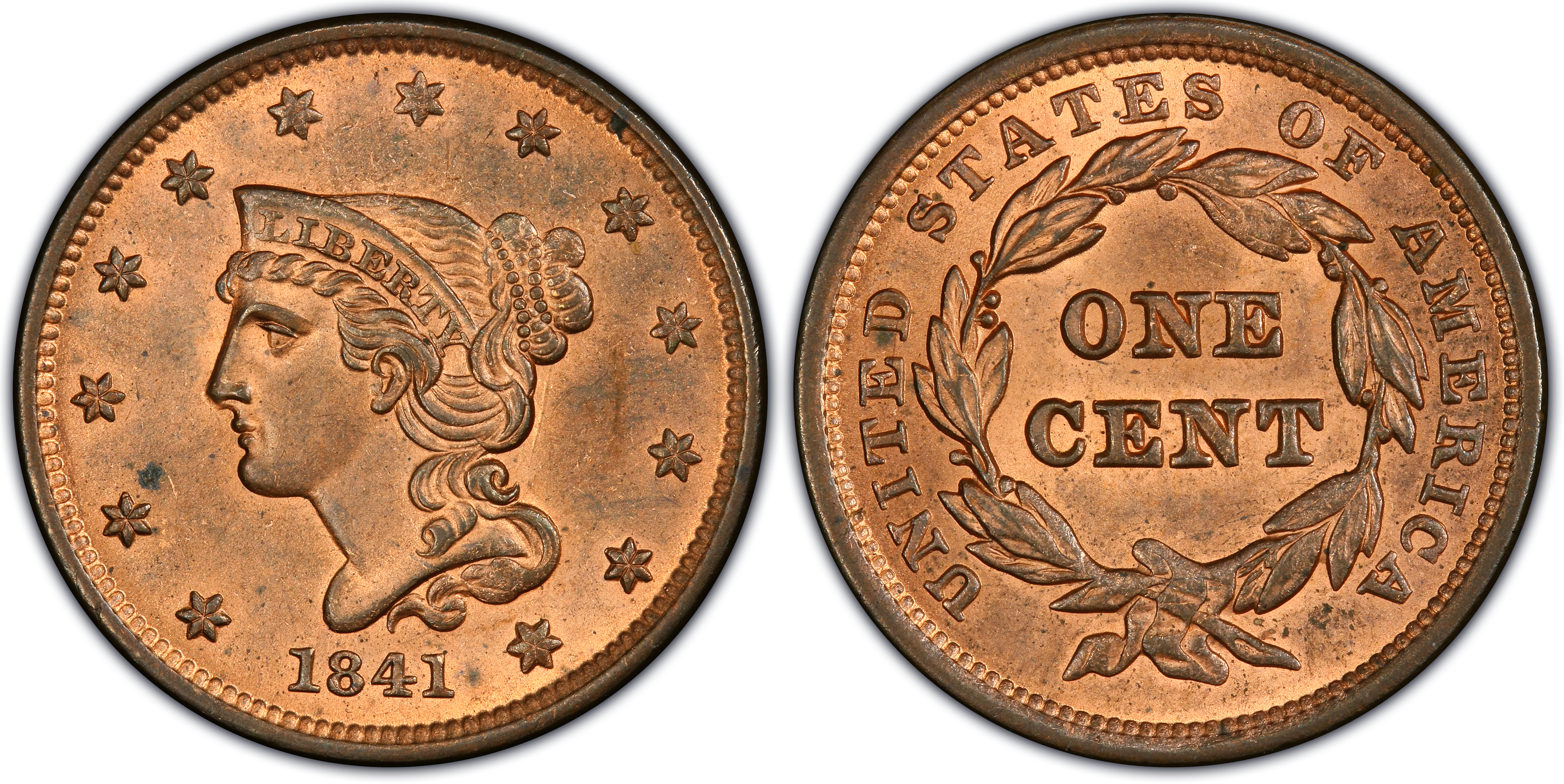 1841 1C Newcomb 6 RB Regular Strike Braided Hair Cent PCGS CoinFacts