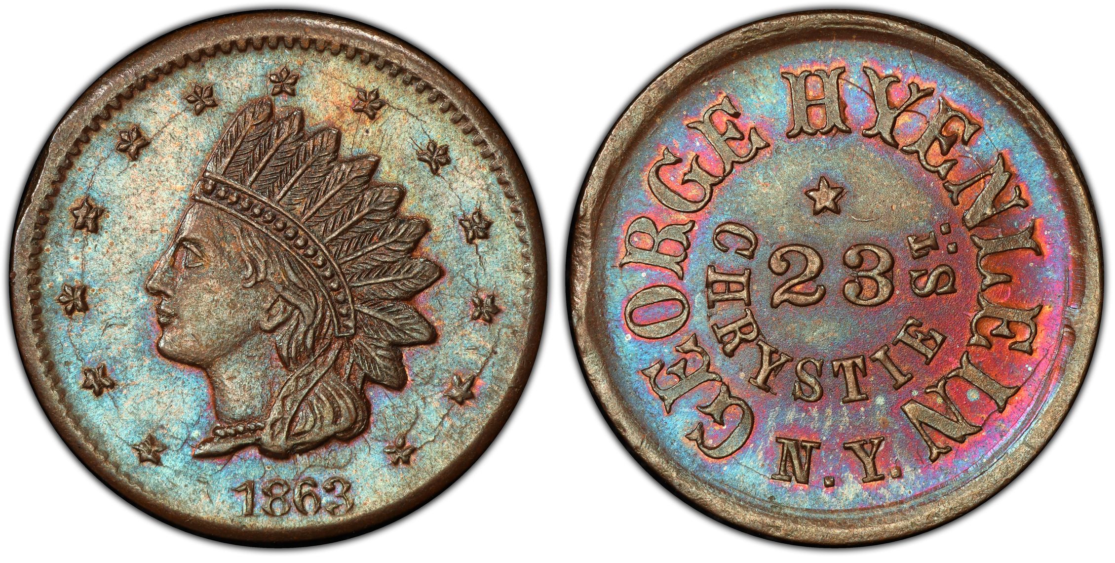 1863 Token F 630AL 2a Copper PE George Hyenlein NY BN Regular Strike