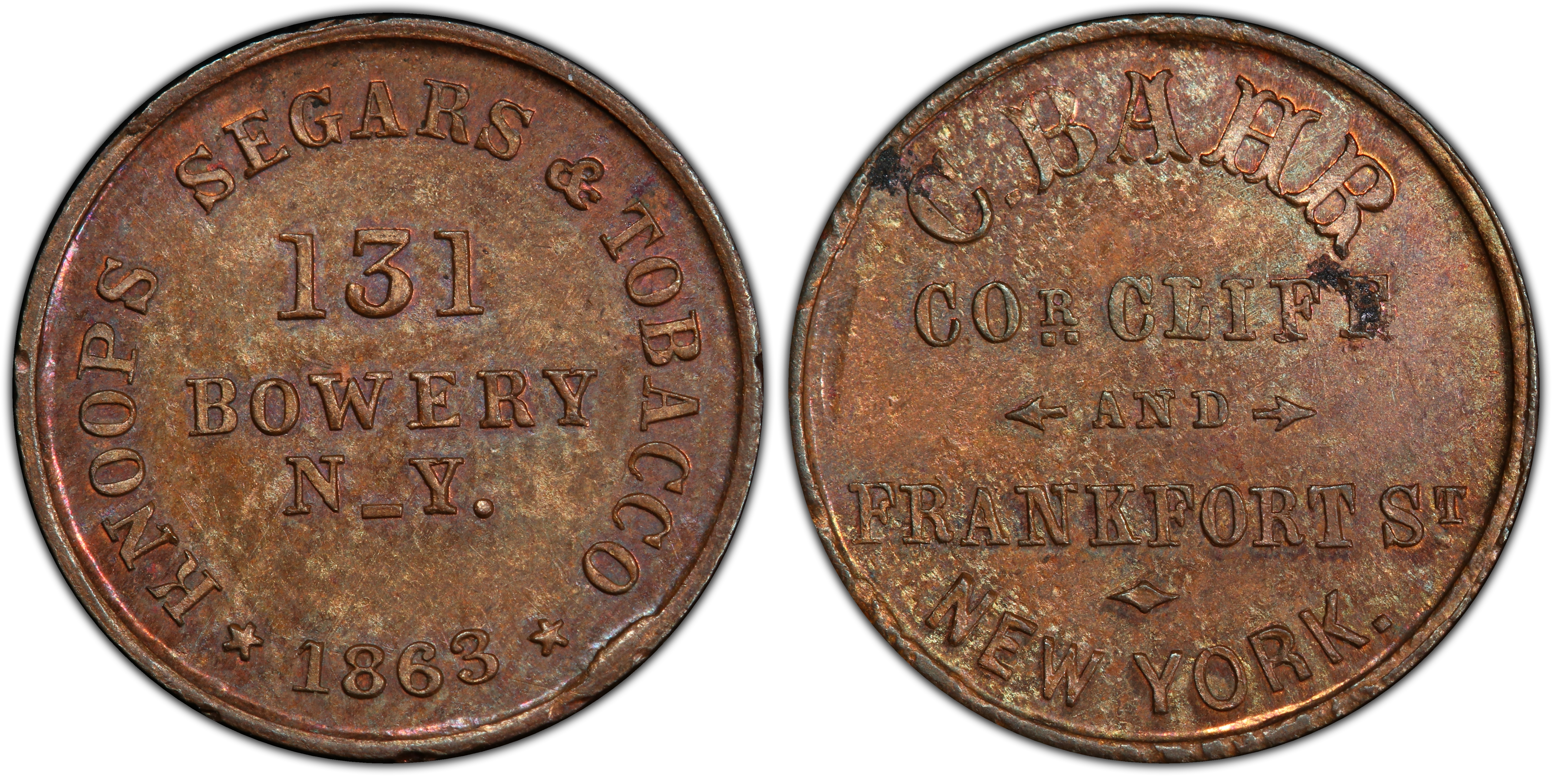 1863 Token F 630C 11a Copper PE Carsten Bahr NY BN Regular Strike