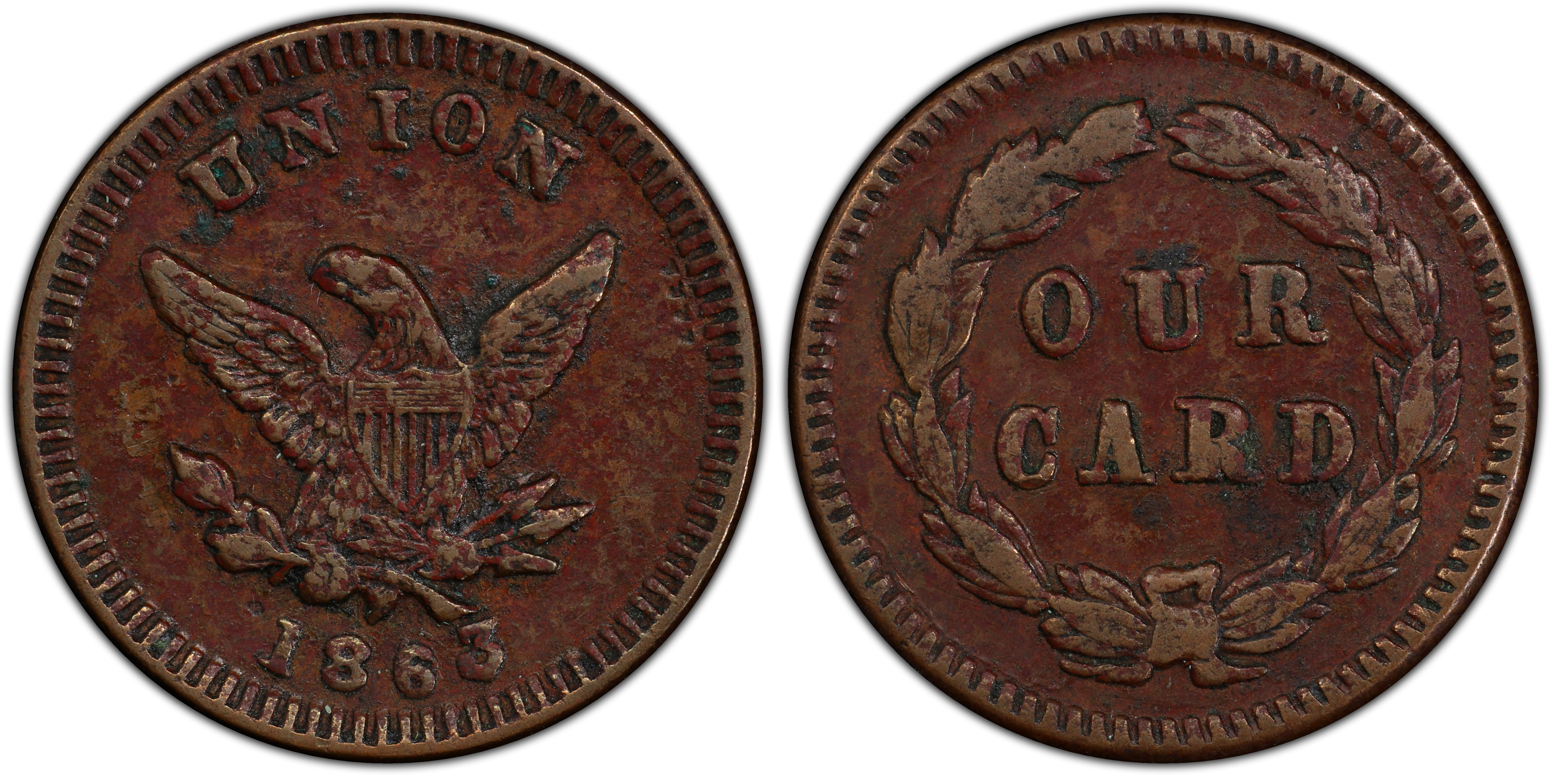 1863 Token F 276 278a Copper Our Card Patriotic BN Regular Strike