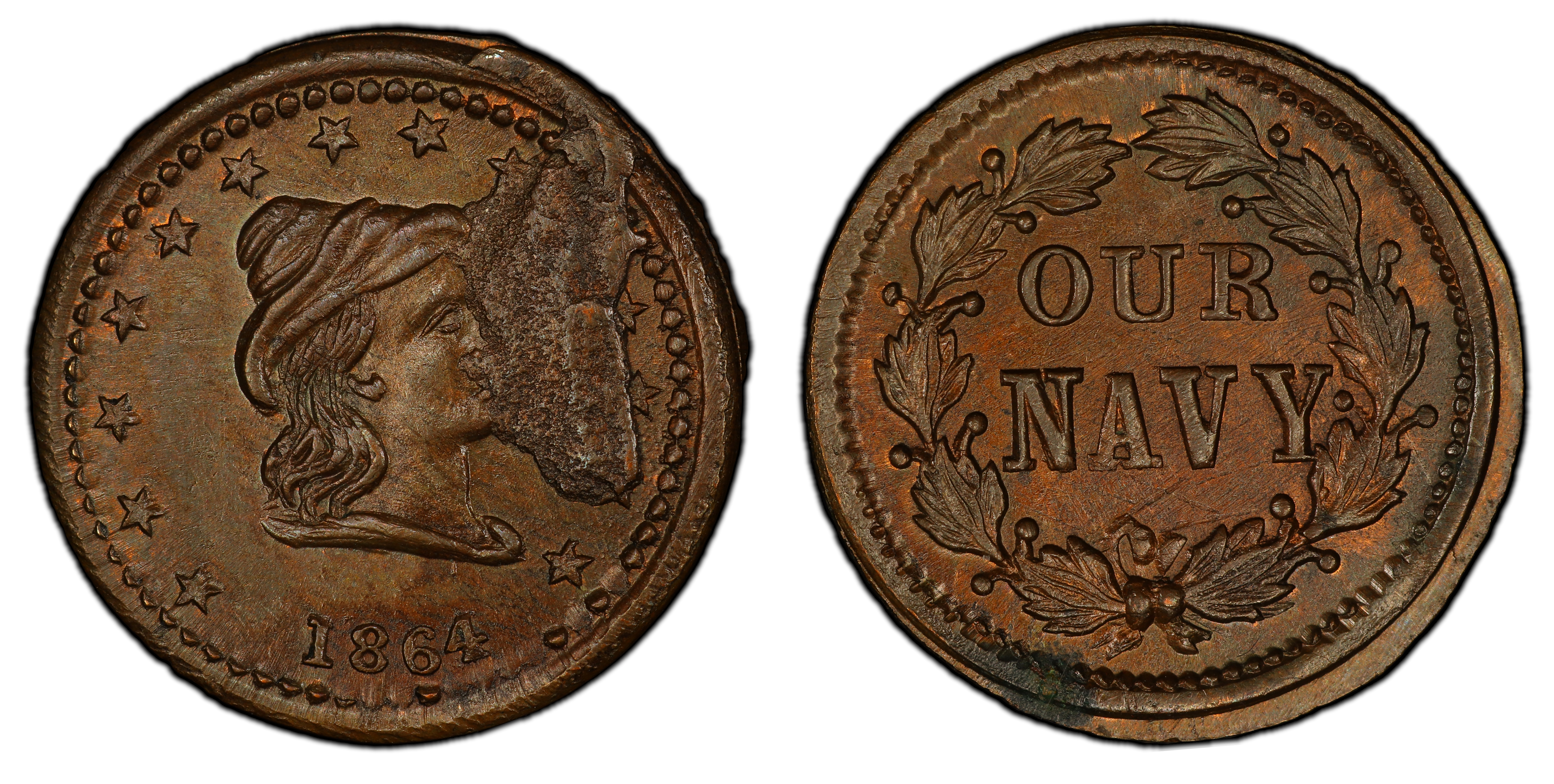 1864 Token F 42 336a Copper Our Navy Patriotic BN Regular Strike