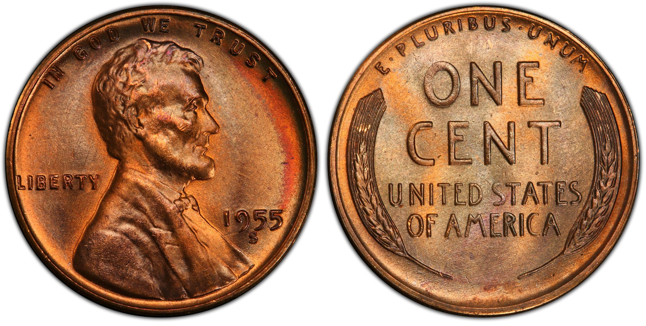 1955 S 1C Repunched Mintmark RB Regular Strike Lincoln Cent Wheat