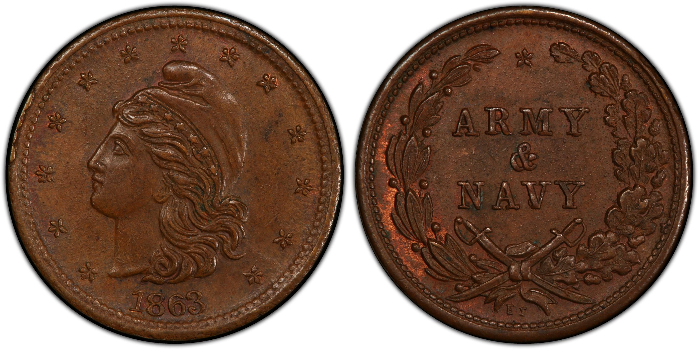 1863 Token F 29 303a Copper Army Navy Patriotic BN Regular Strike