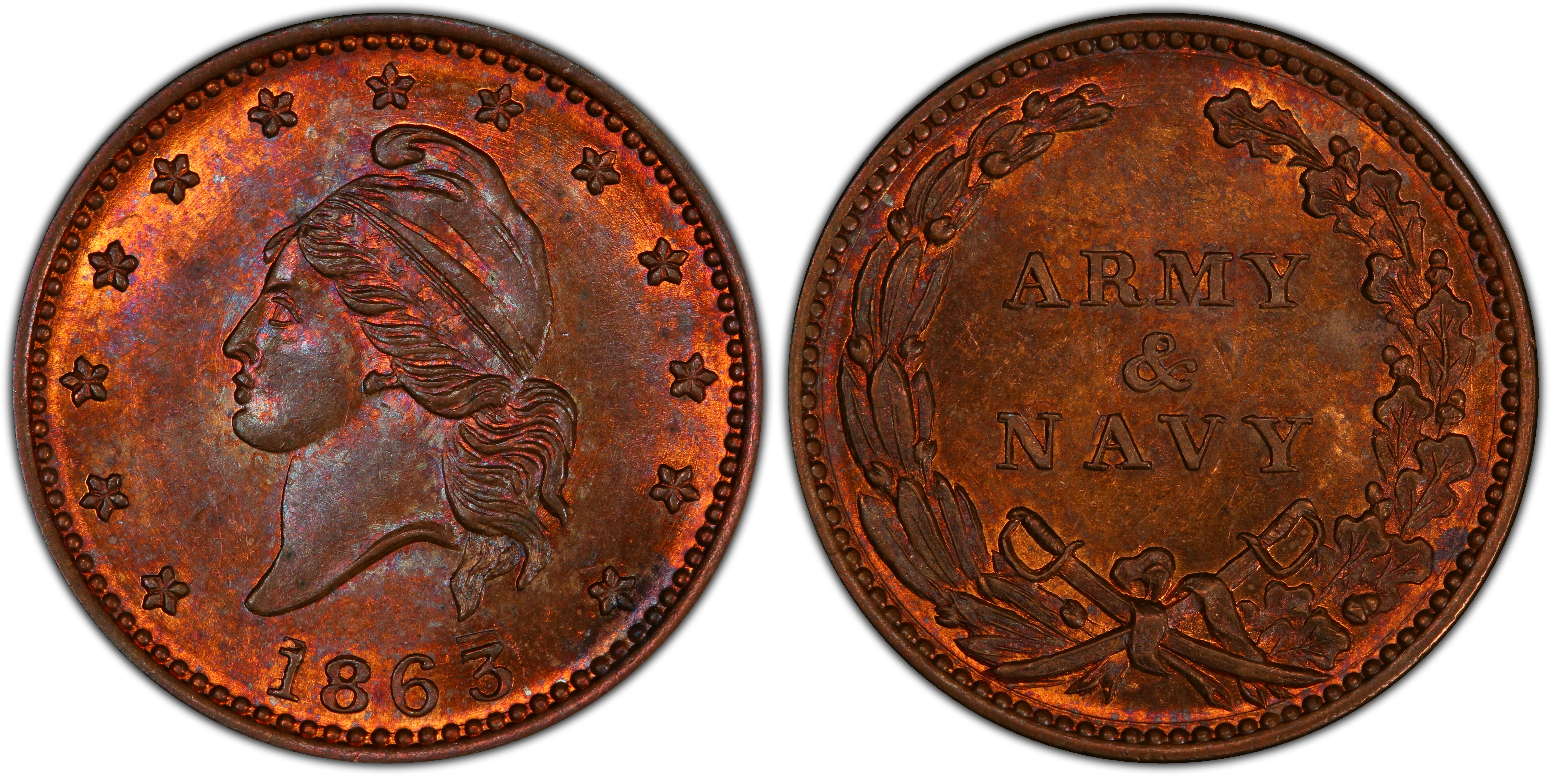 1863 Token F 13 297a Copper Army Navy Patriotic RB Regular Strike