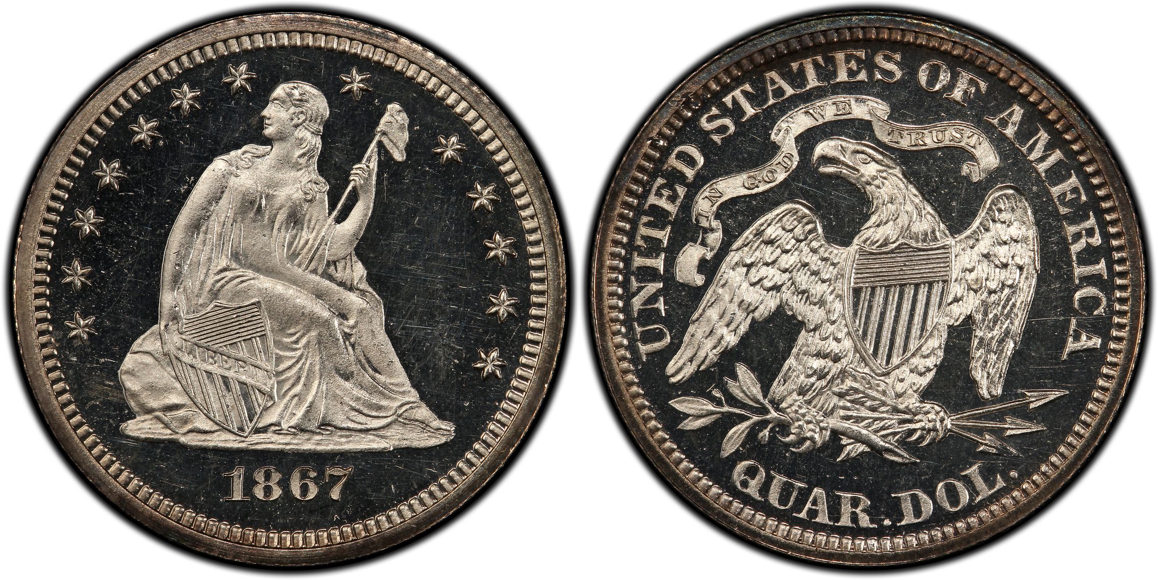 1867 25C DCAM Proof Liberty Seated Quarter PCGS CoinFacts