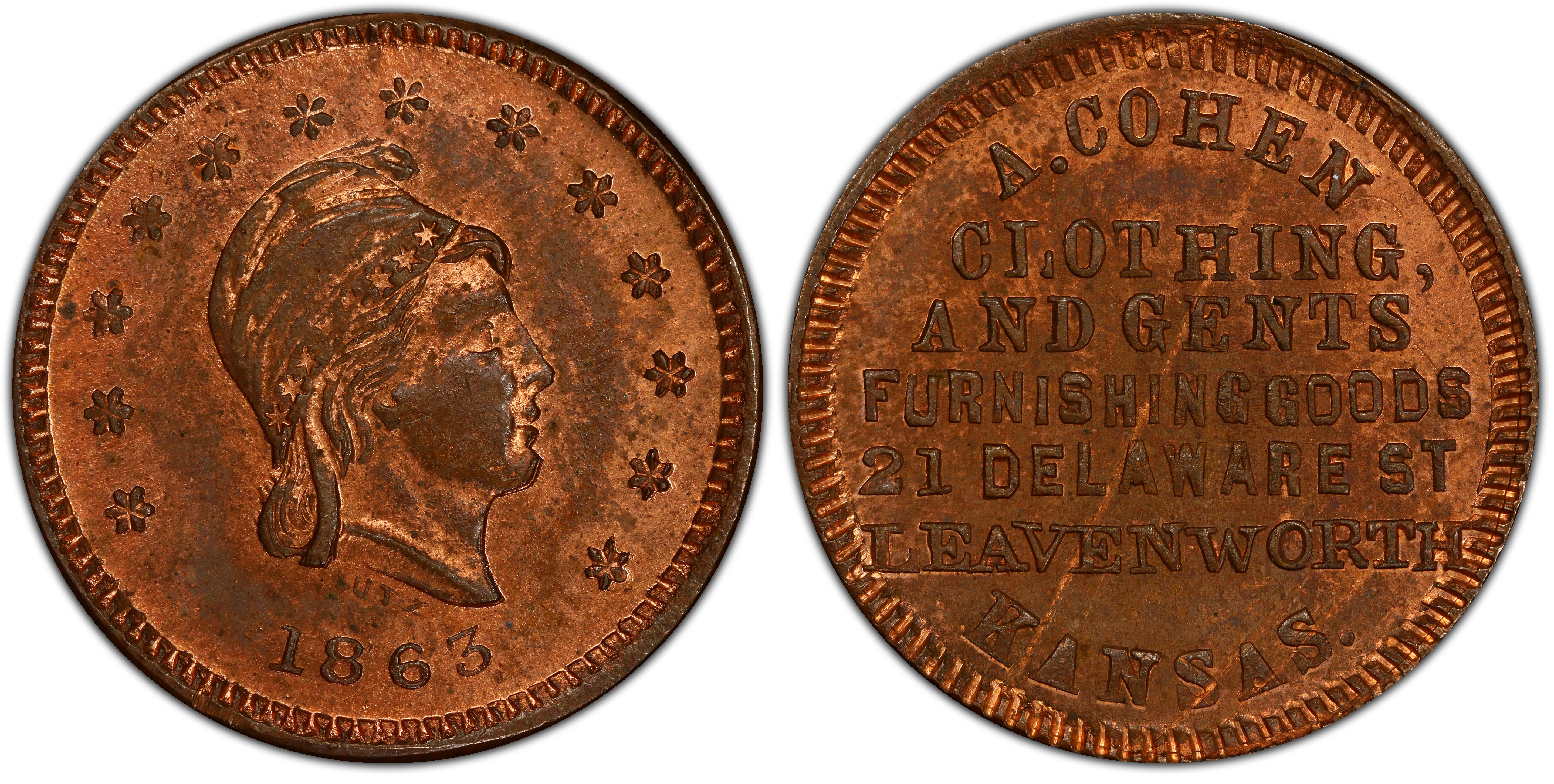 1863 Token F 550A 1a Copper PE A Cohen KS RB Regular Strike Store