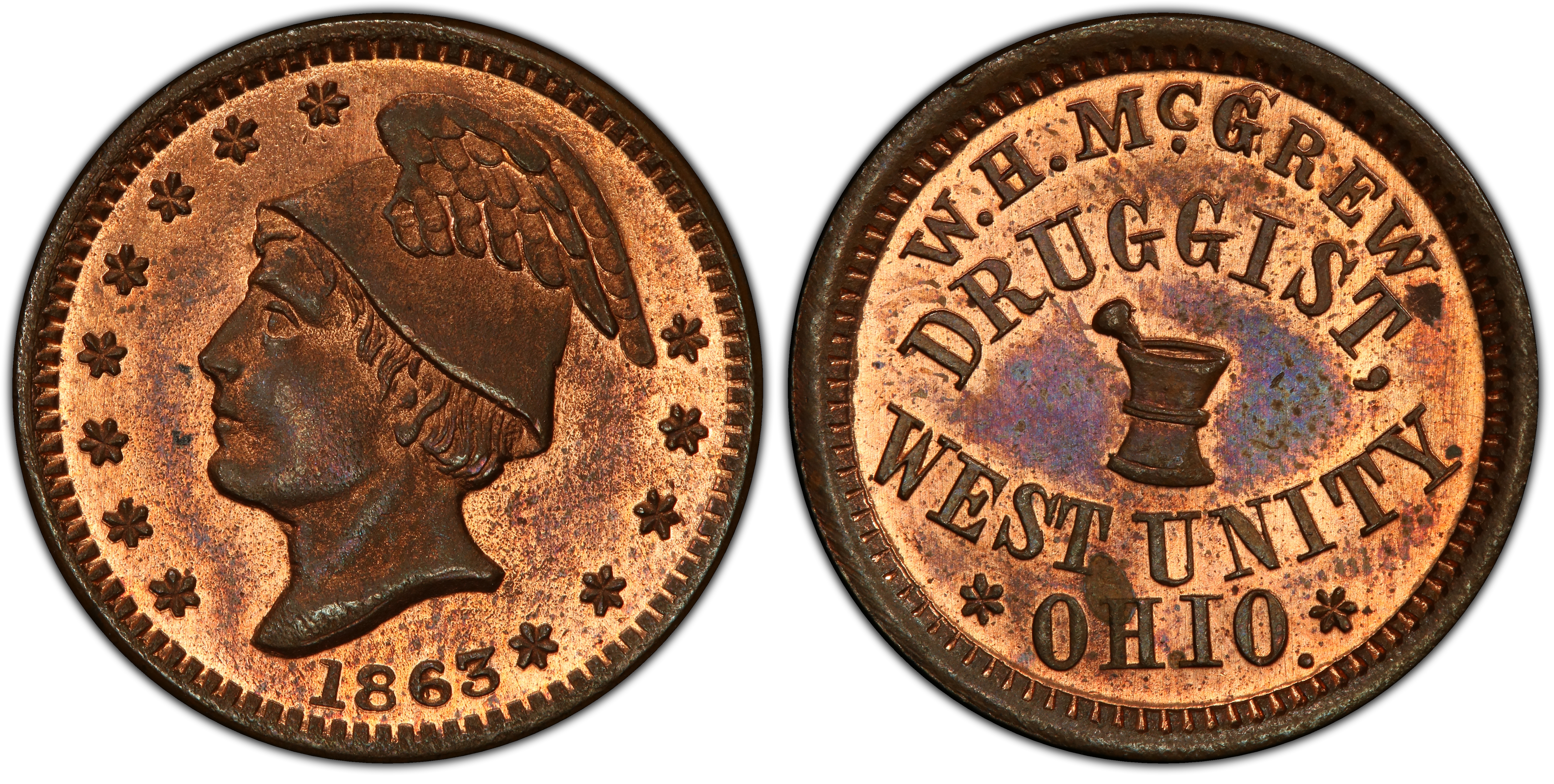 1863 Token F 930B 2a Copper PE W H McGrew OH RB Regular Strike