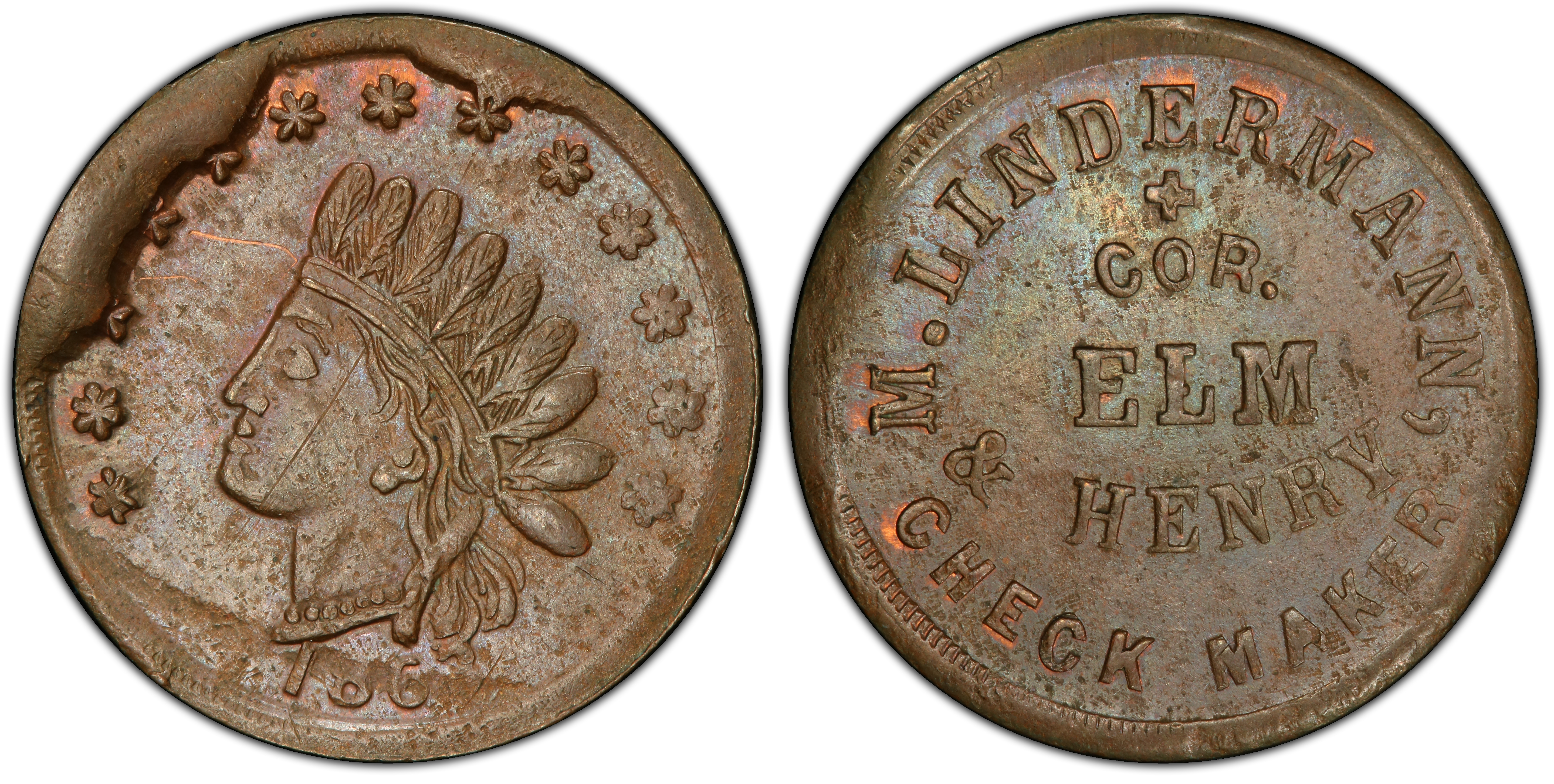 1863 Token F 165DE 1a Copper PE M Lindermann OH BN Regular Strike