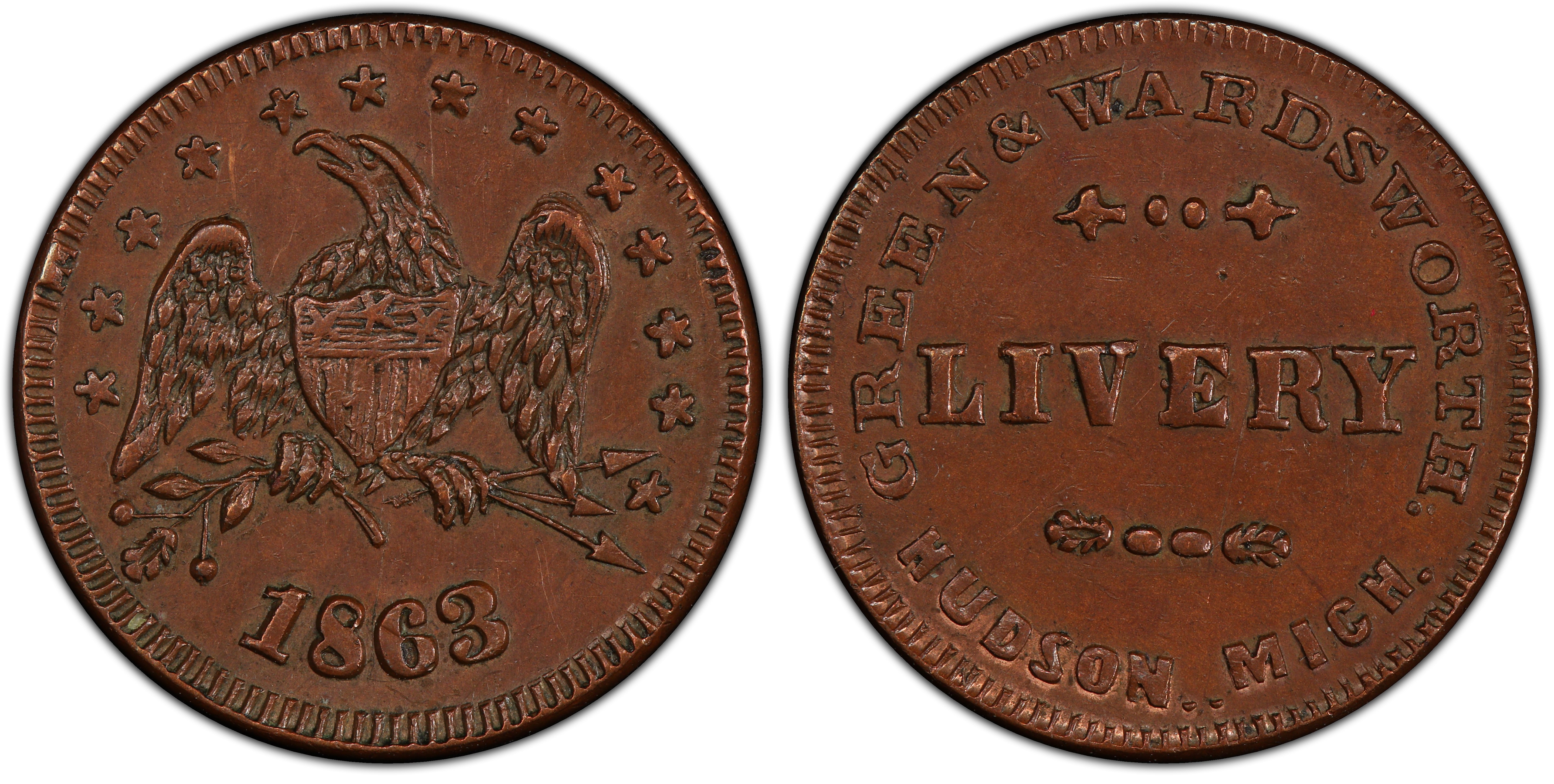 1863 Token F 480D 1a Copper PE Green Wardsworth MI BN Regular