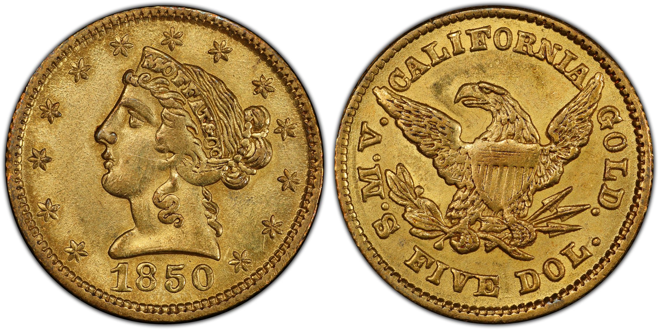 1850 $5 Moffat & Co. (Regular Strike) California Gold - PCGS CoinFacts