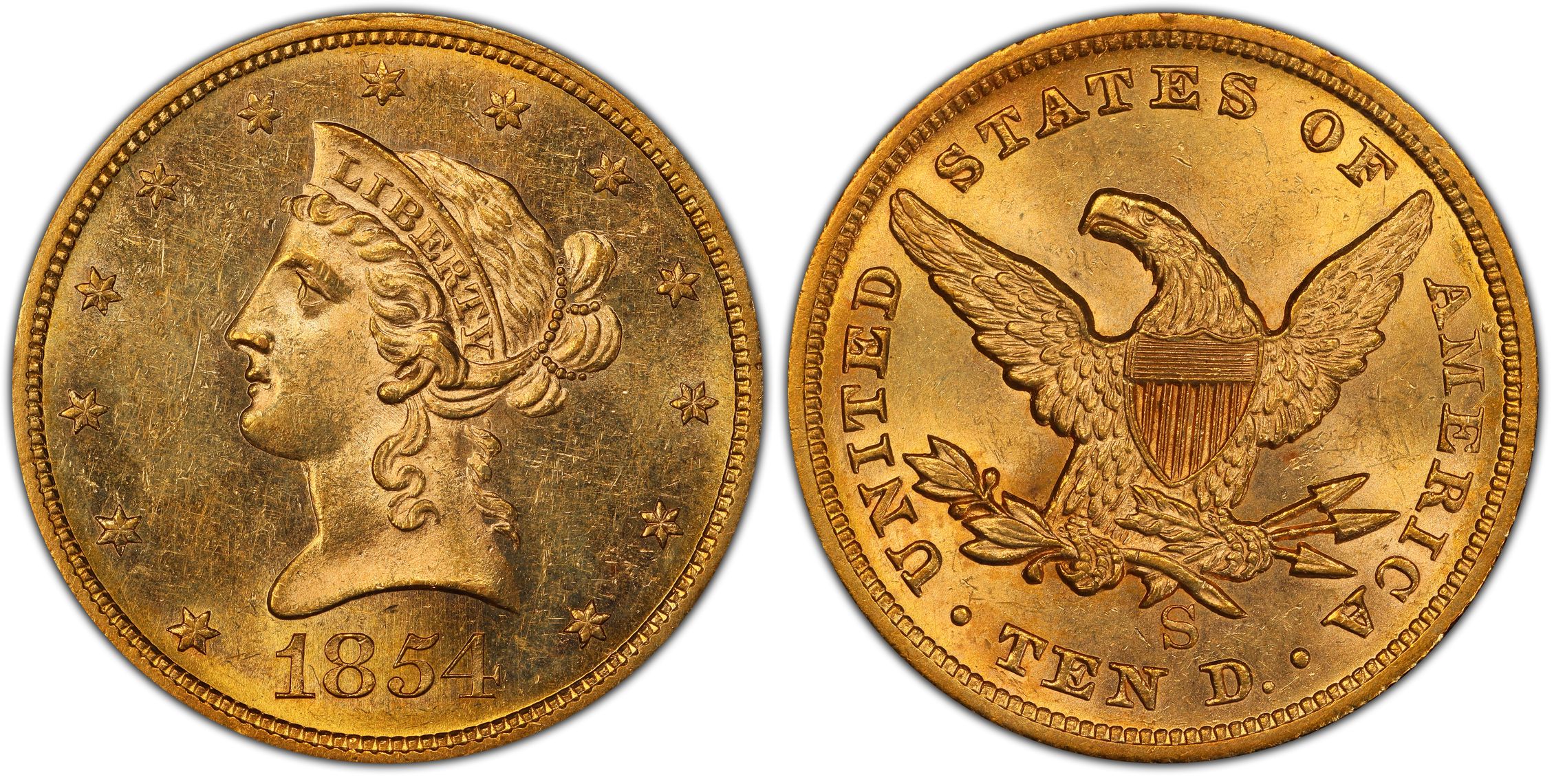 1854-s $10 (regular Strike) Liberty Head $10 - Pcgs Coinfacts