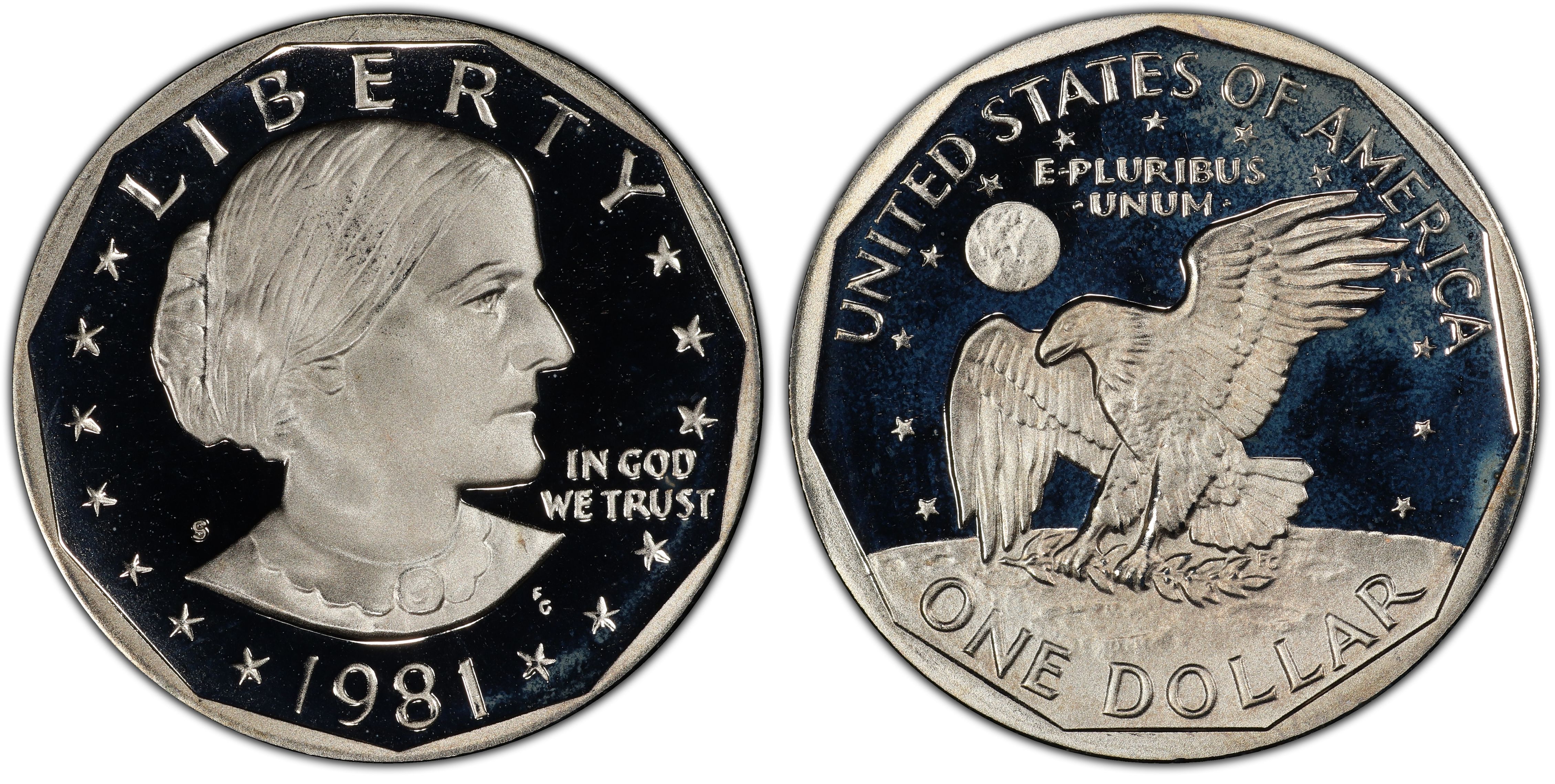 1981-S Proof Susan B Anthony Dollar Type 2 Clear S Type 1 Filled S Deep Cameo 