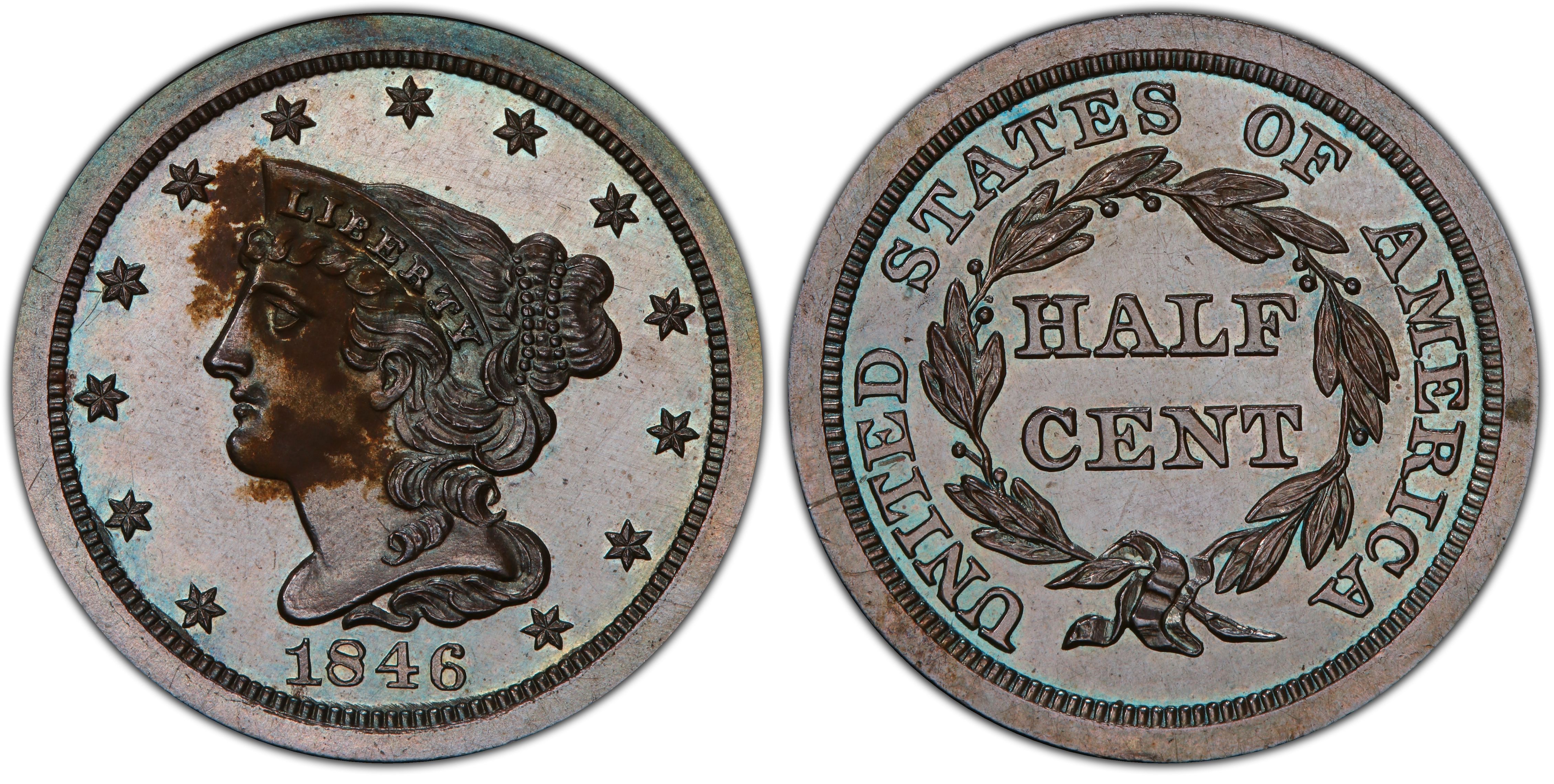 1846 1/2C Original, BN (Proof) Braided Hair Half Cent - PCGS CoinFacts