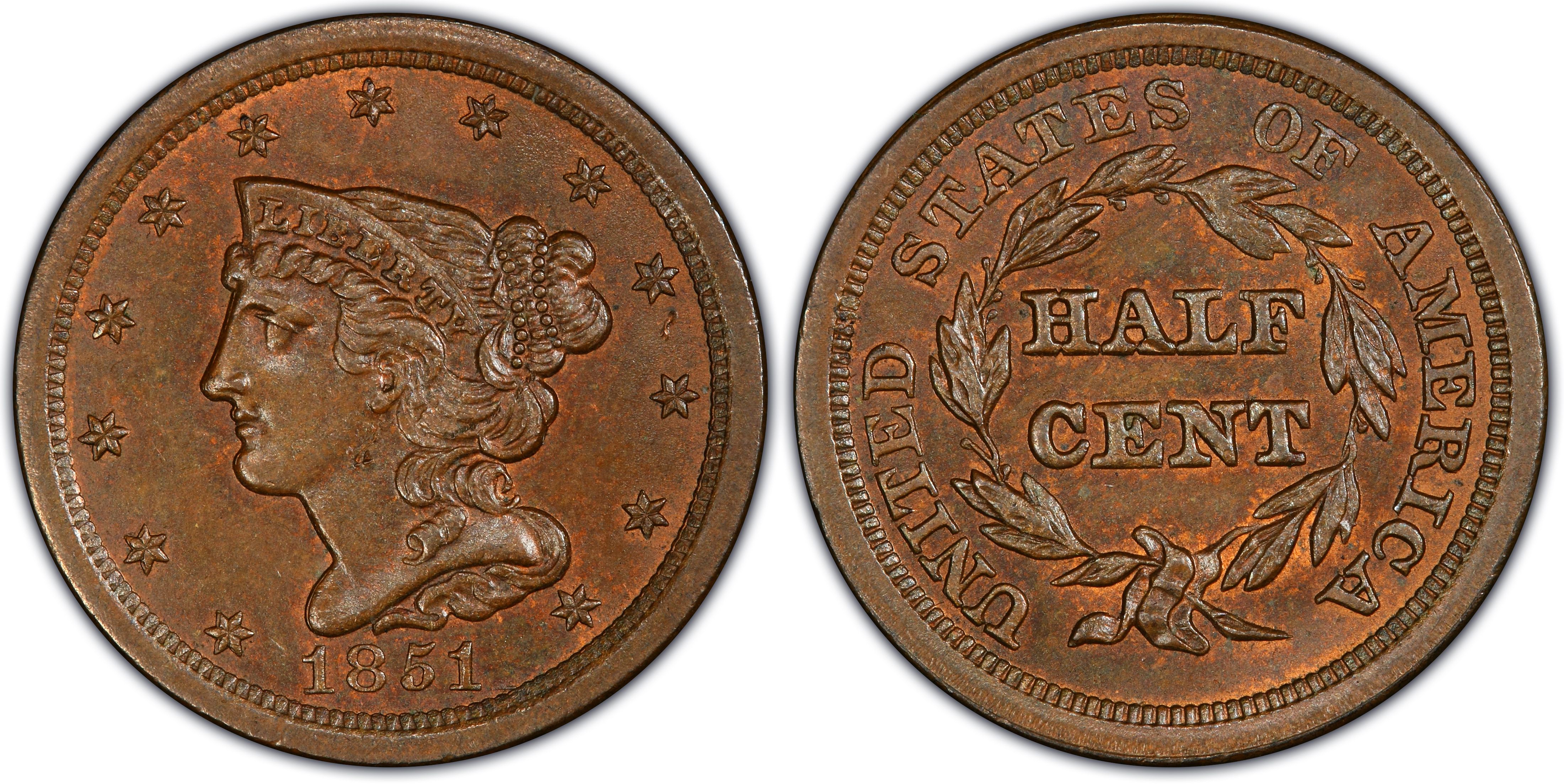 1851 Braided Hair Half Cent. C-1, the only known dies. Rarity-1. EF-40 BN  (NGC).
