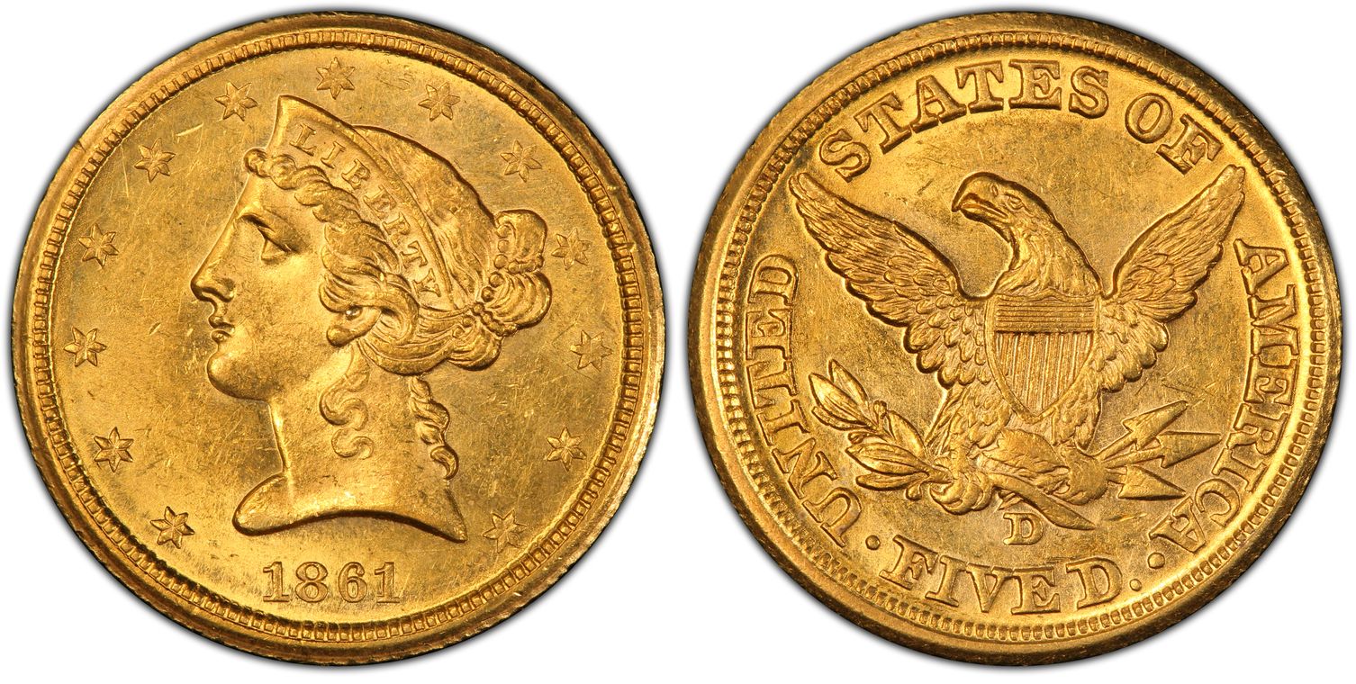 1861-D $5 (Regular Strike) Liberty Head $5 - PCGS CoinFacts