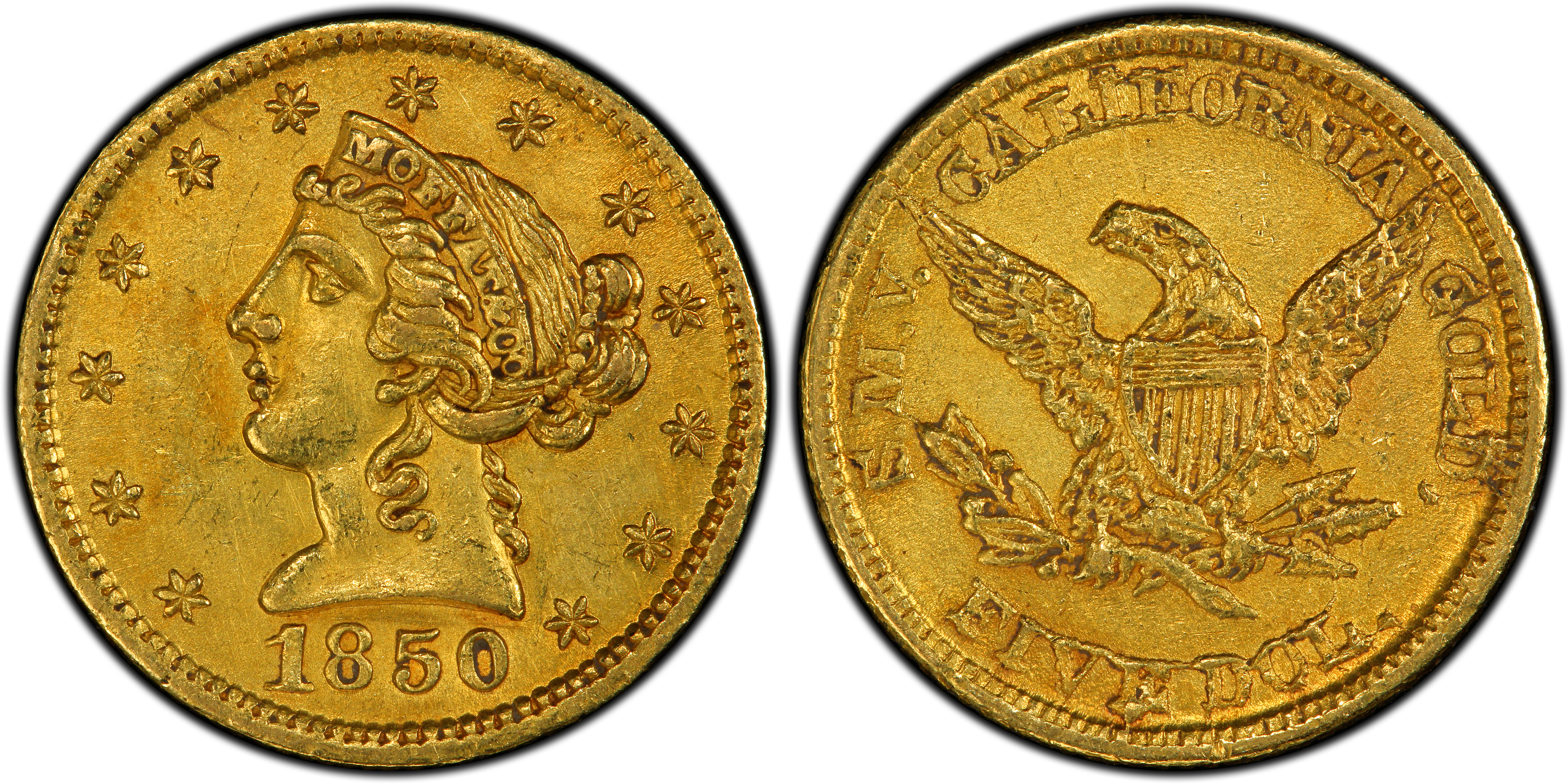 1850 $5 Moffat & Co. (Regular Strike) California Gold - PCGS CoinFacts