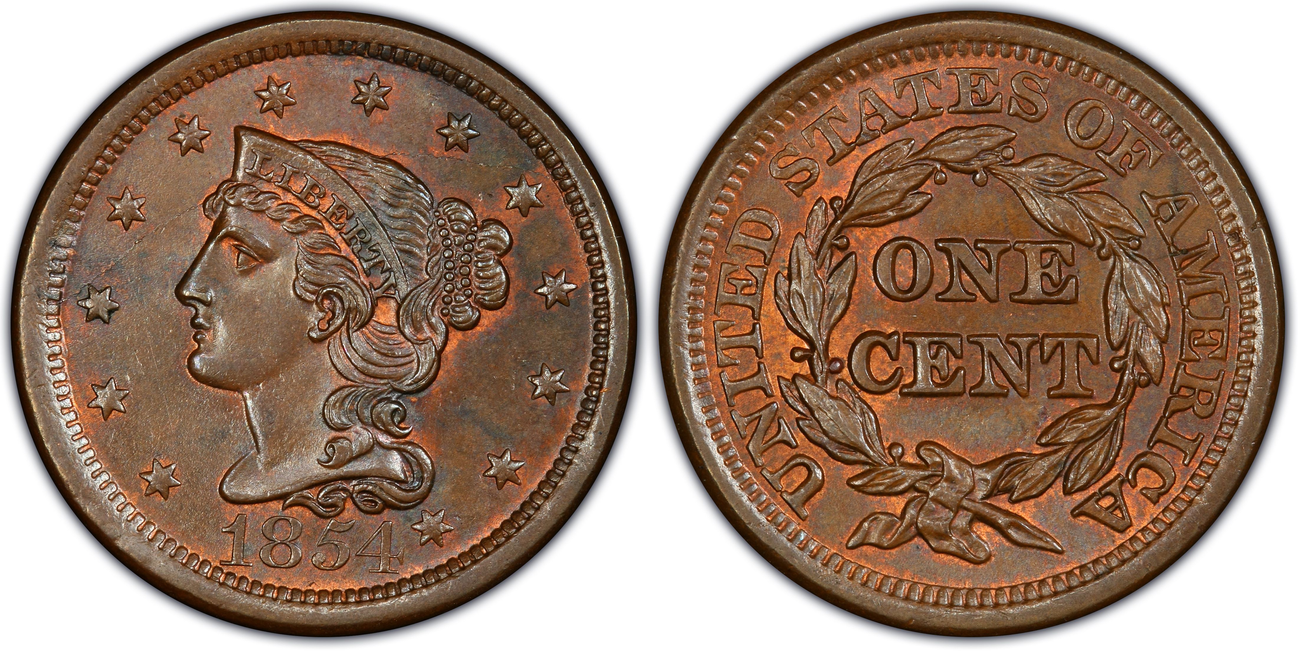 Large Cent 1854 1c Coin ANACS AU 50 Details Corroded