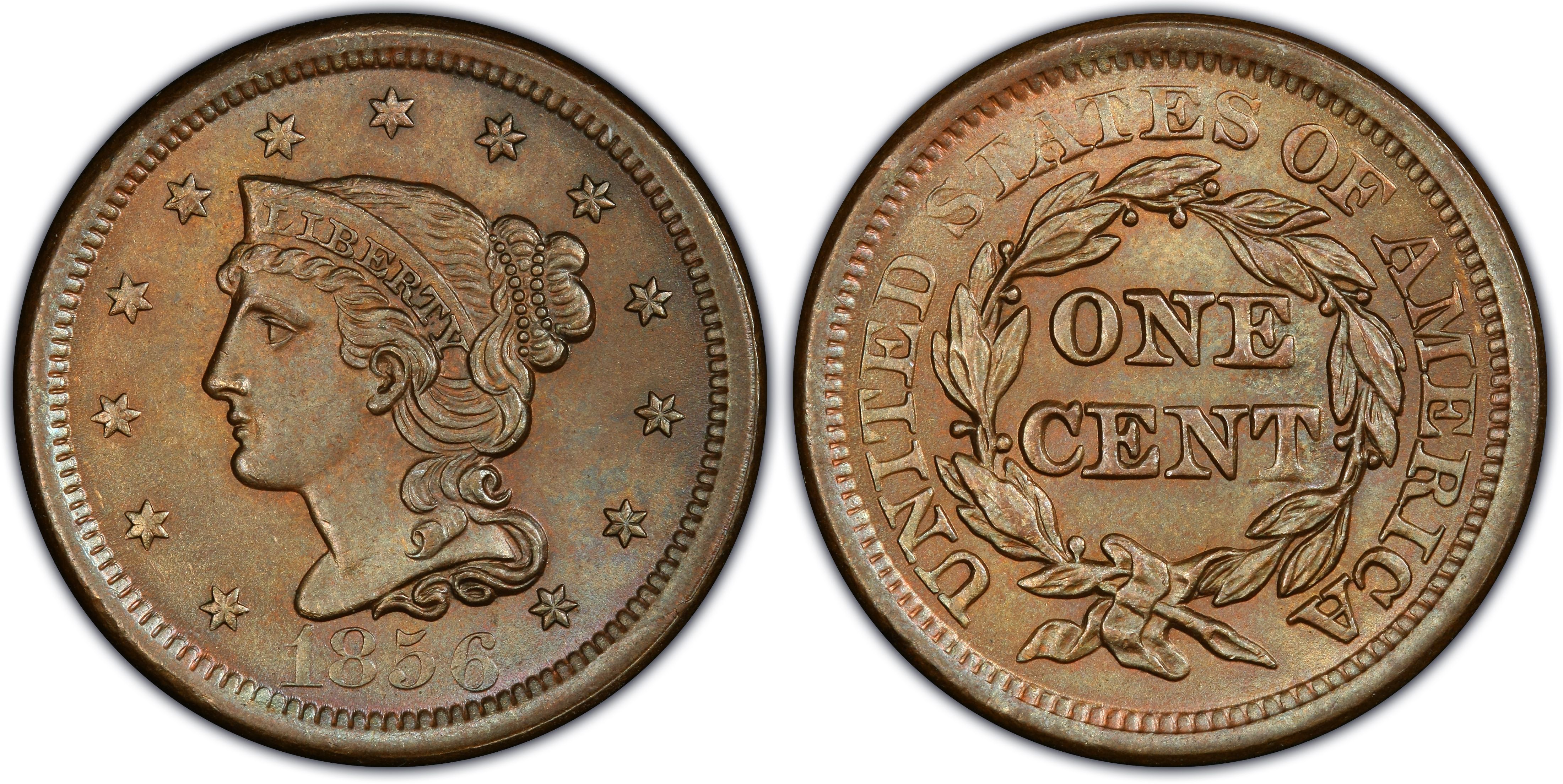1856 1C Upright 5, BN (Regular Strike) Braided Hair Cent - PCGS CoinFacts