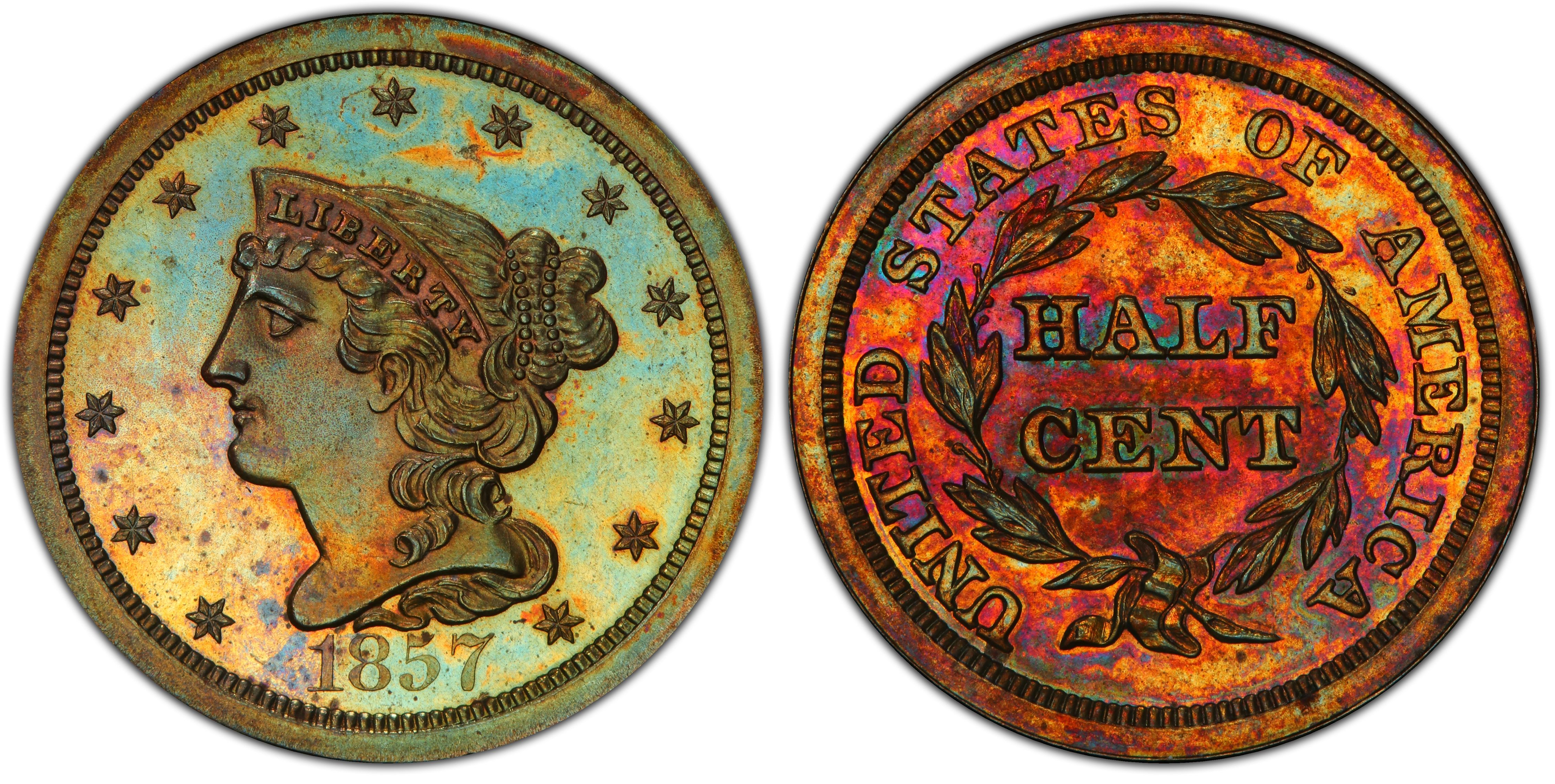 1857 1/2C, BN (Proof) Braided Hair Half Cent - PCGS CoinFacts
