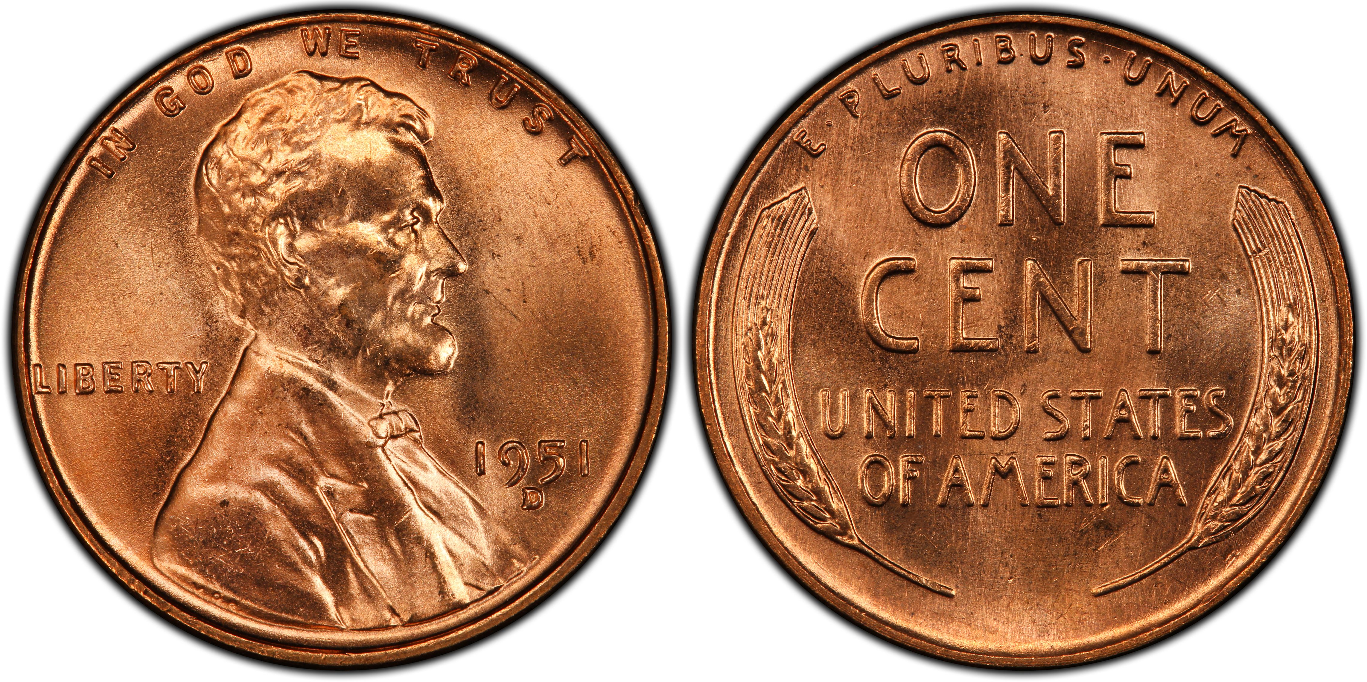 1951-D/S 1C OMM FS-511, RD (Regular Strike) Lincoln Cent (Wheat