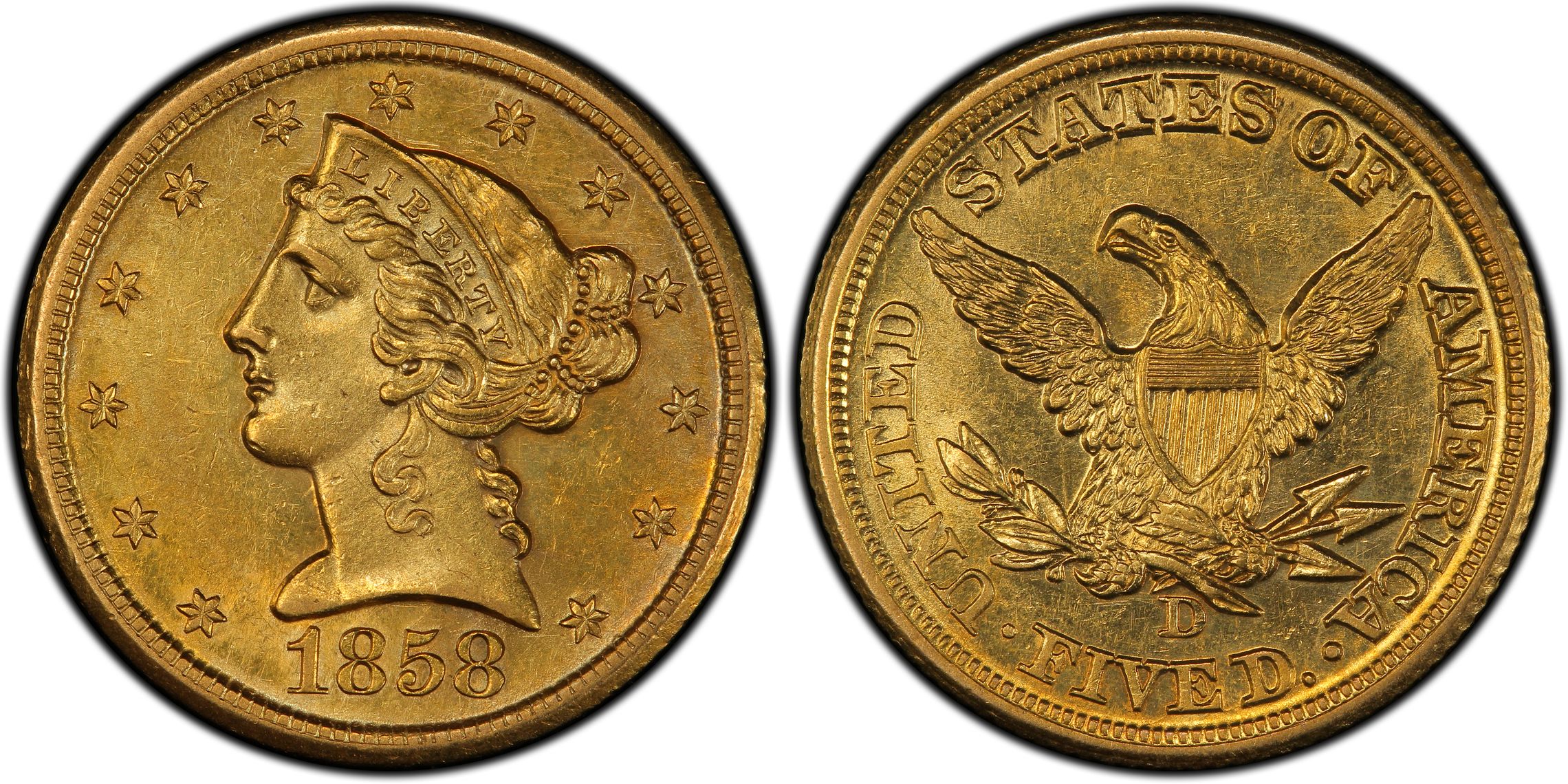 1858-D $5 (Regular Strike) Liberty Head $5 - PCGS CoinFacts