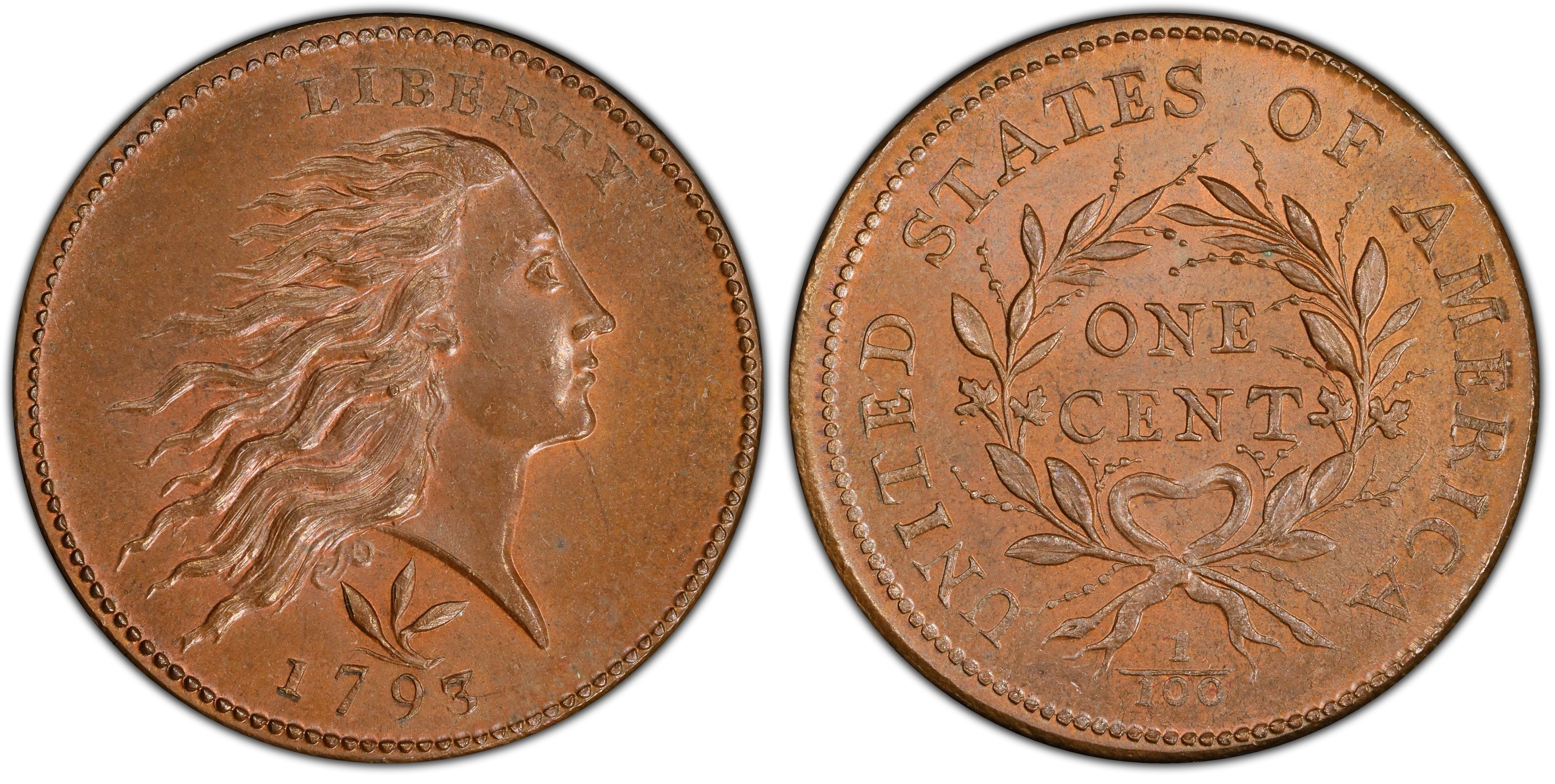 1793 1C Wreath, Vine and Bars, BN (Regular Strike) Flowing Hair Large Cent  - PCGS CoinFacts