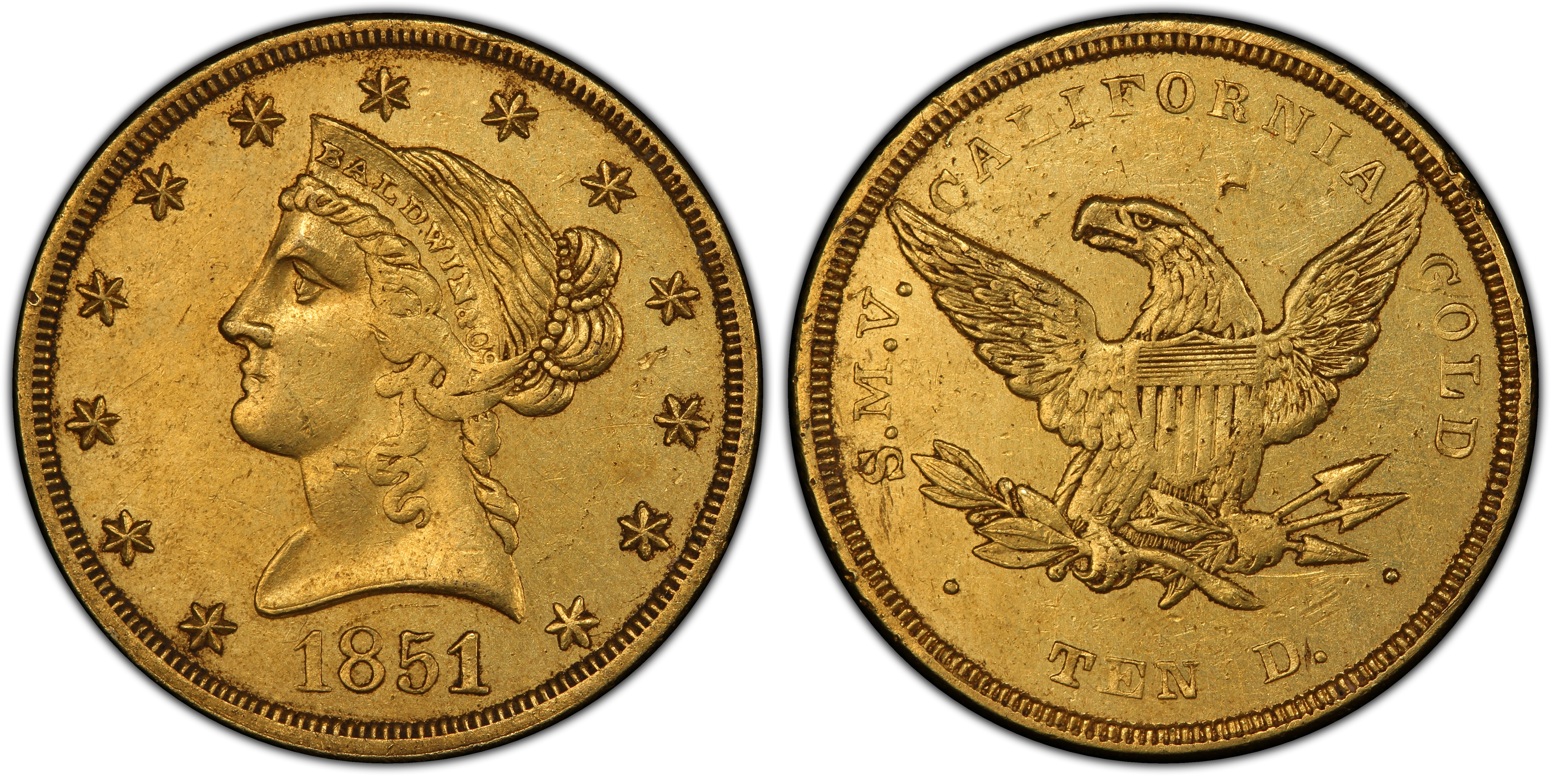 1851 $10 Baldwin & Co. (regular Strike) California Gold - Pcgs Coinfacts