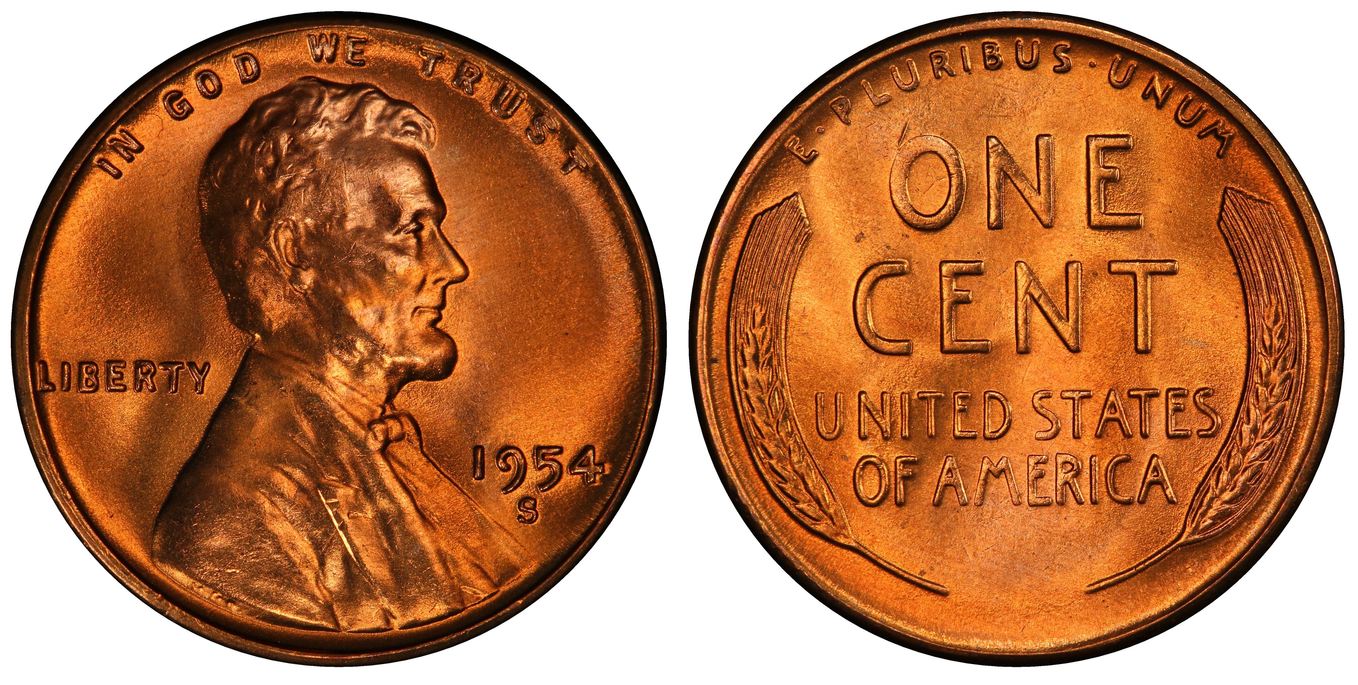 Images of Lincoln Cent (Wheat Reverse) 1954-S 1C, RD - PCGS CoinFacts