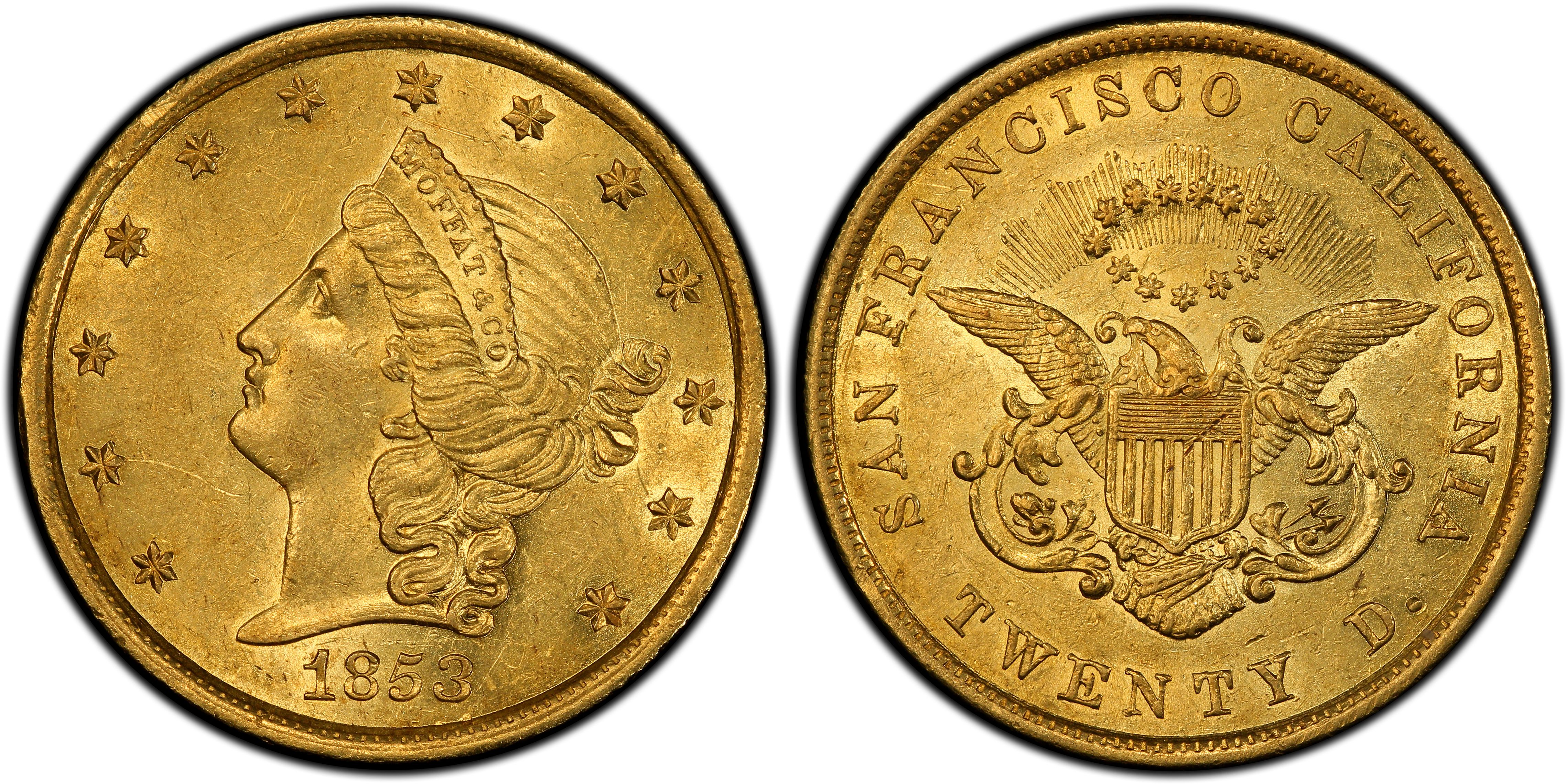 1853 $20 Moffat & Co. (Regular Strike) California Gold - PCGS CoinFacts
