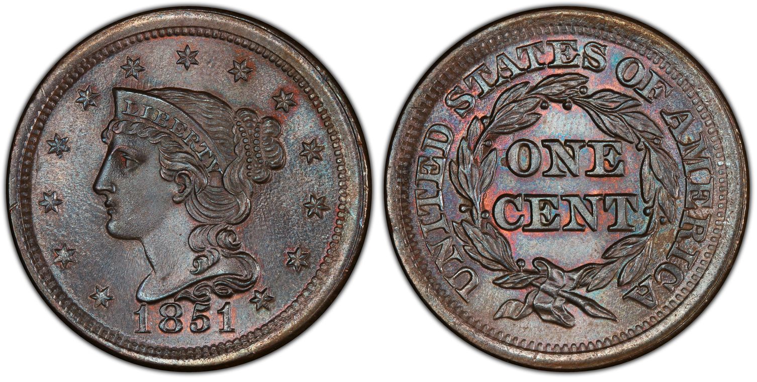 USA Large Cent 1851 Braided Hair Penny US Copper 1c Coin - DM520