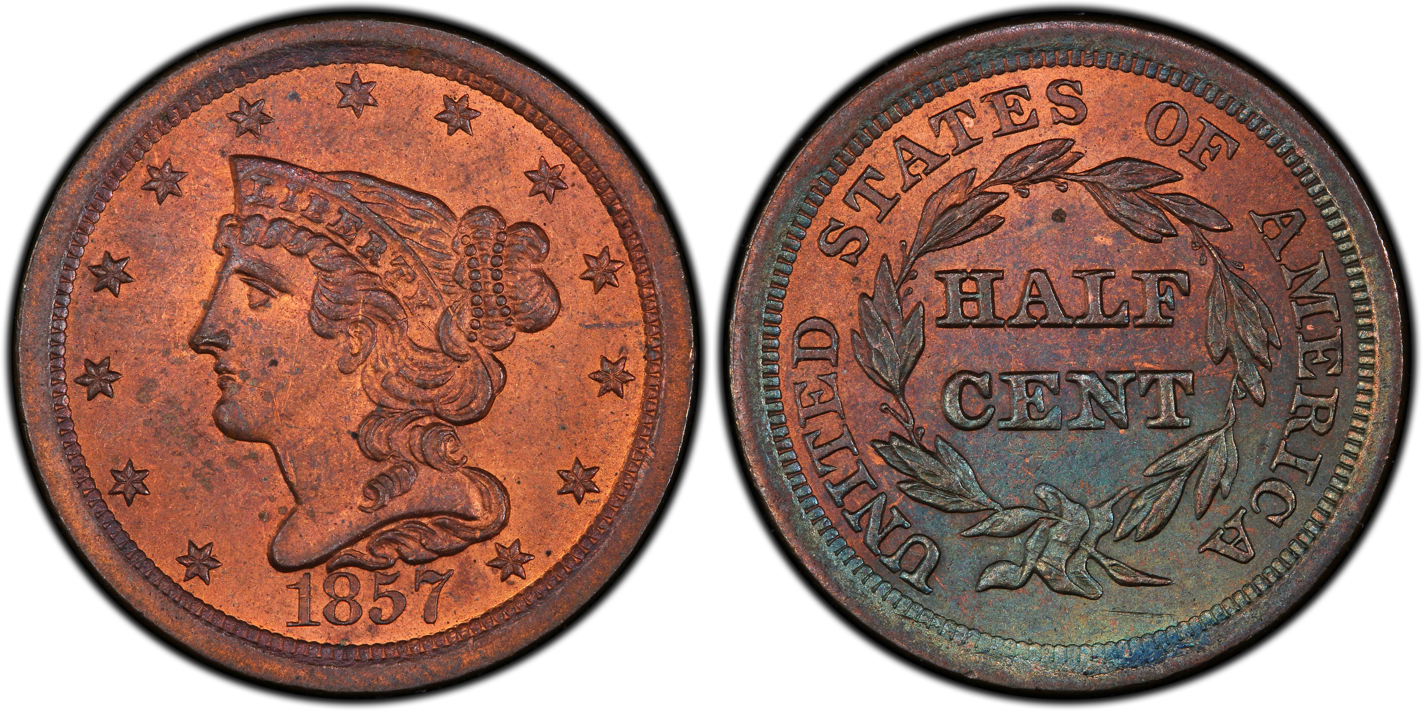 1857 PCGS MS 63 RB Braided Hair Half Cent Coin 1/2c