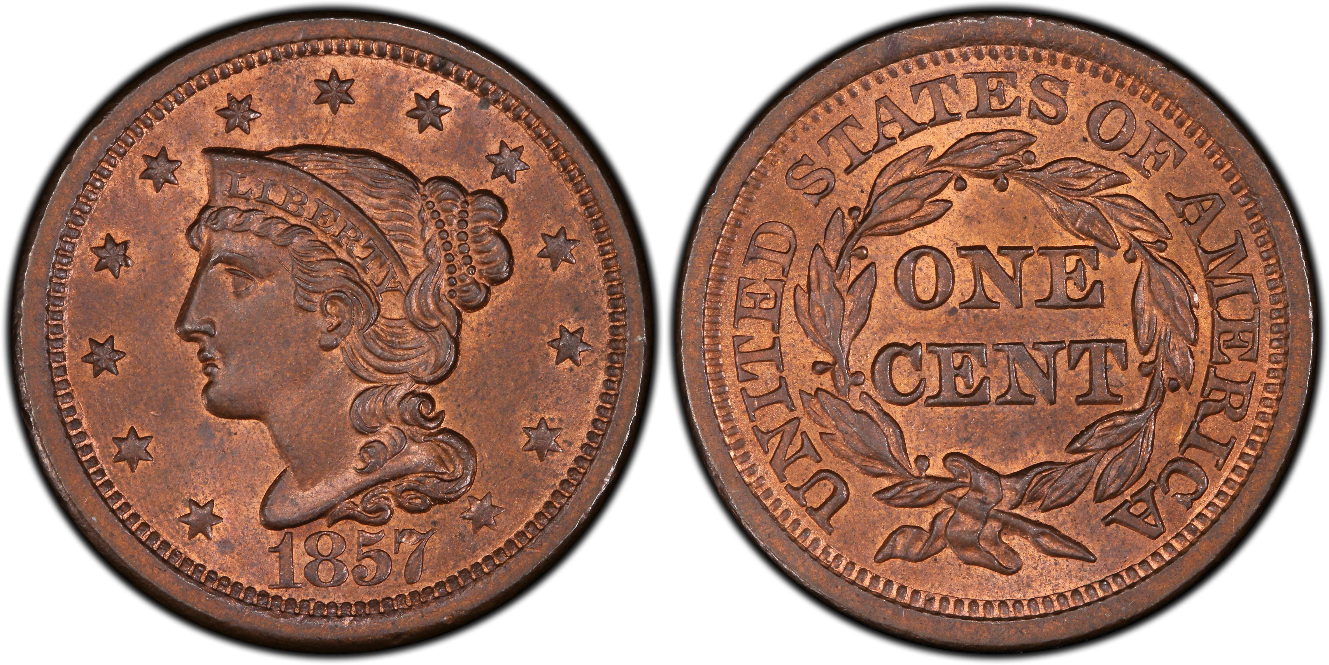 1857 1C N-1 Large Date, RB (Regular Strike) Braided Hair Cent - PCGS  CoinFacts