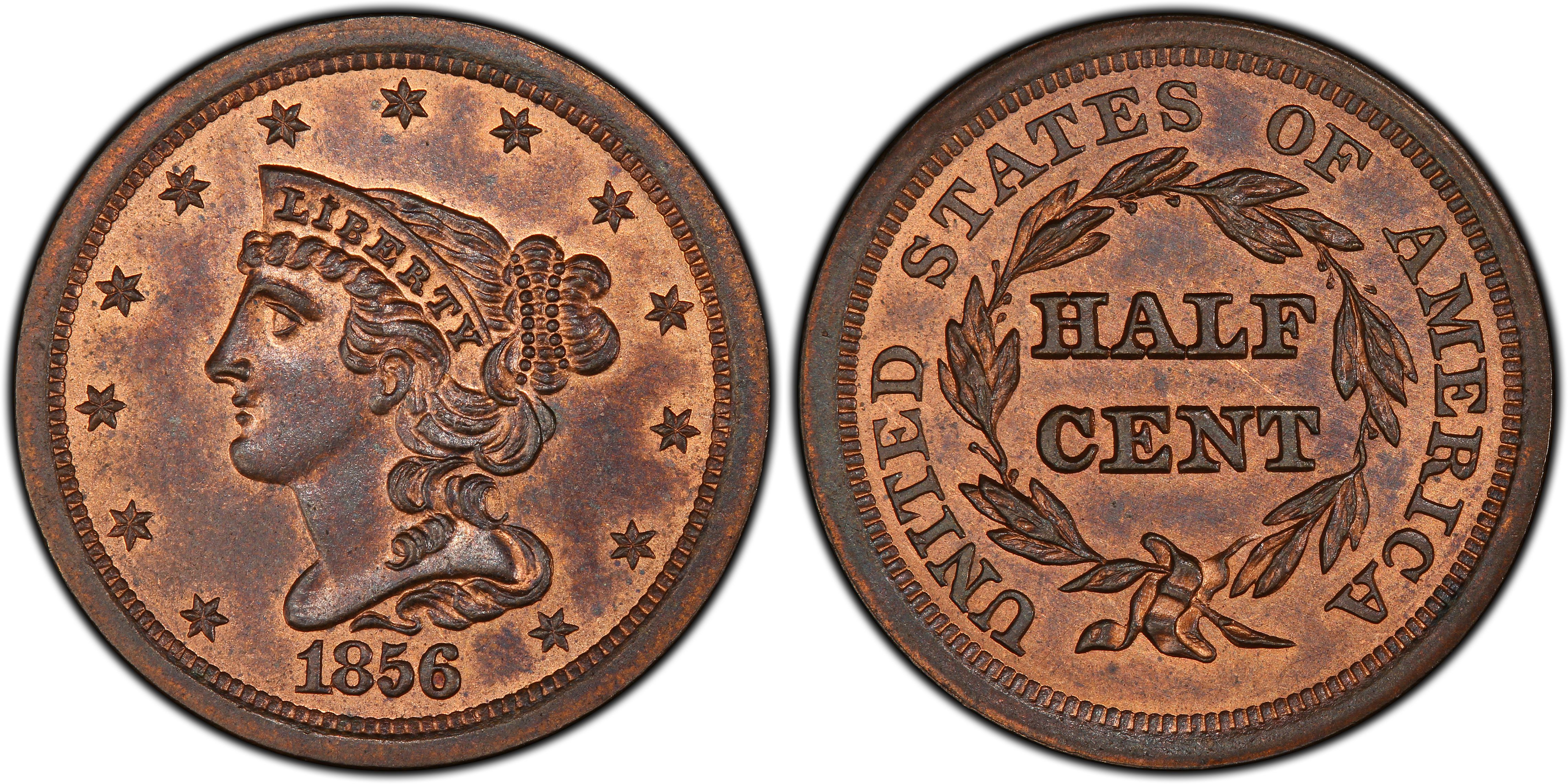 1856 1/2C, RB (Regular Strike) Braided Hair Half Cent - PCGS CoinFacts