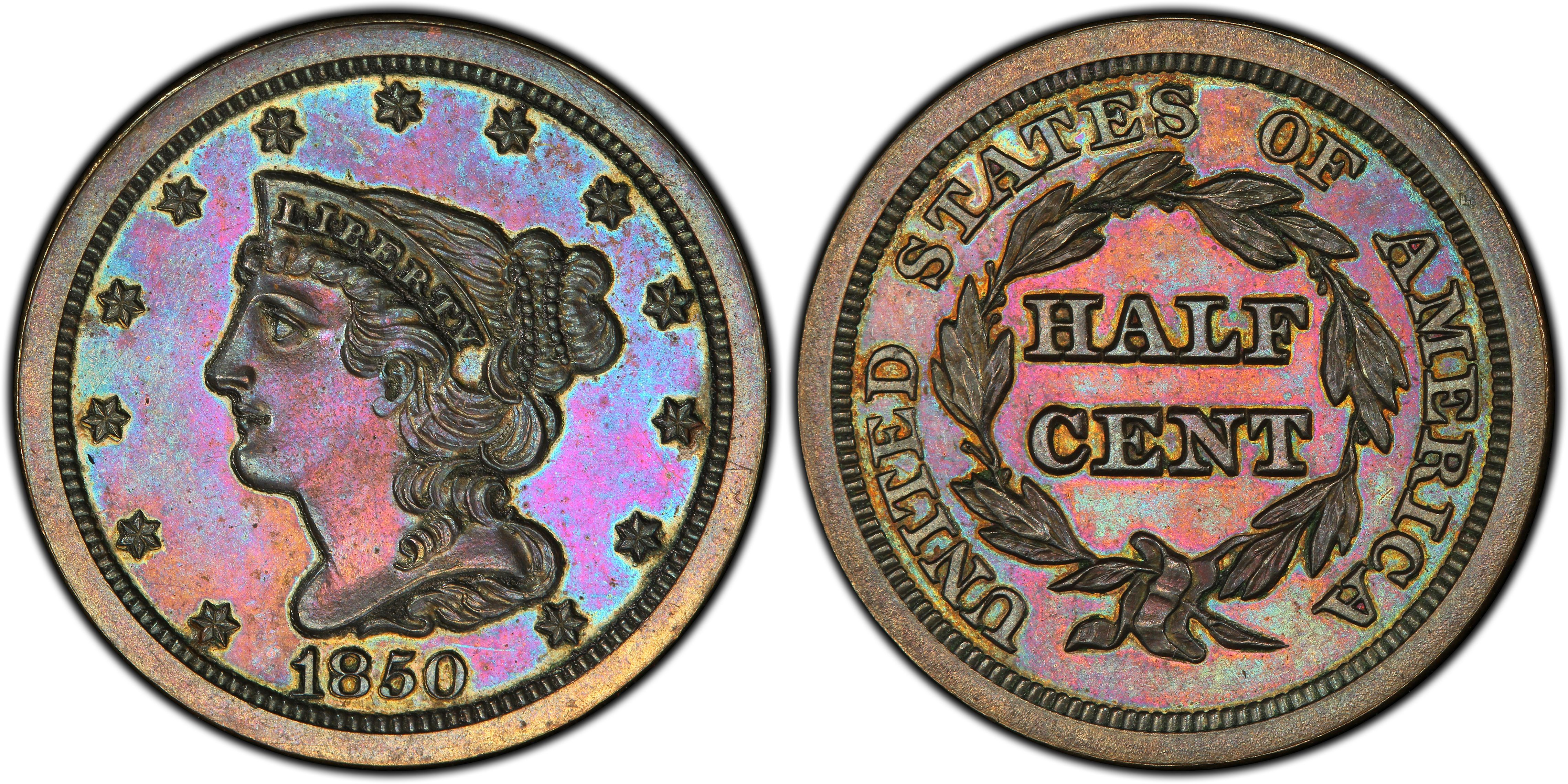 1850 1/2C, BN (Proof) Braided Hair Half Cent - PCGS CoinFacts