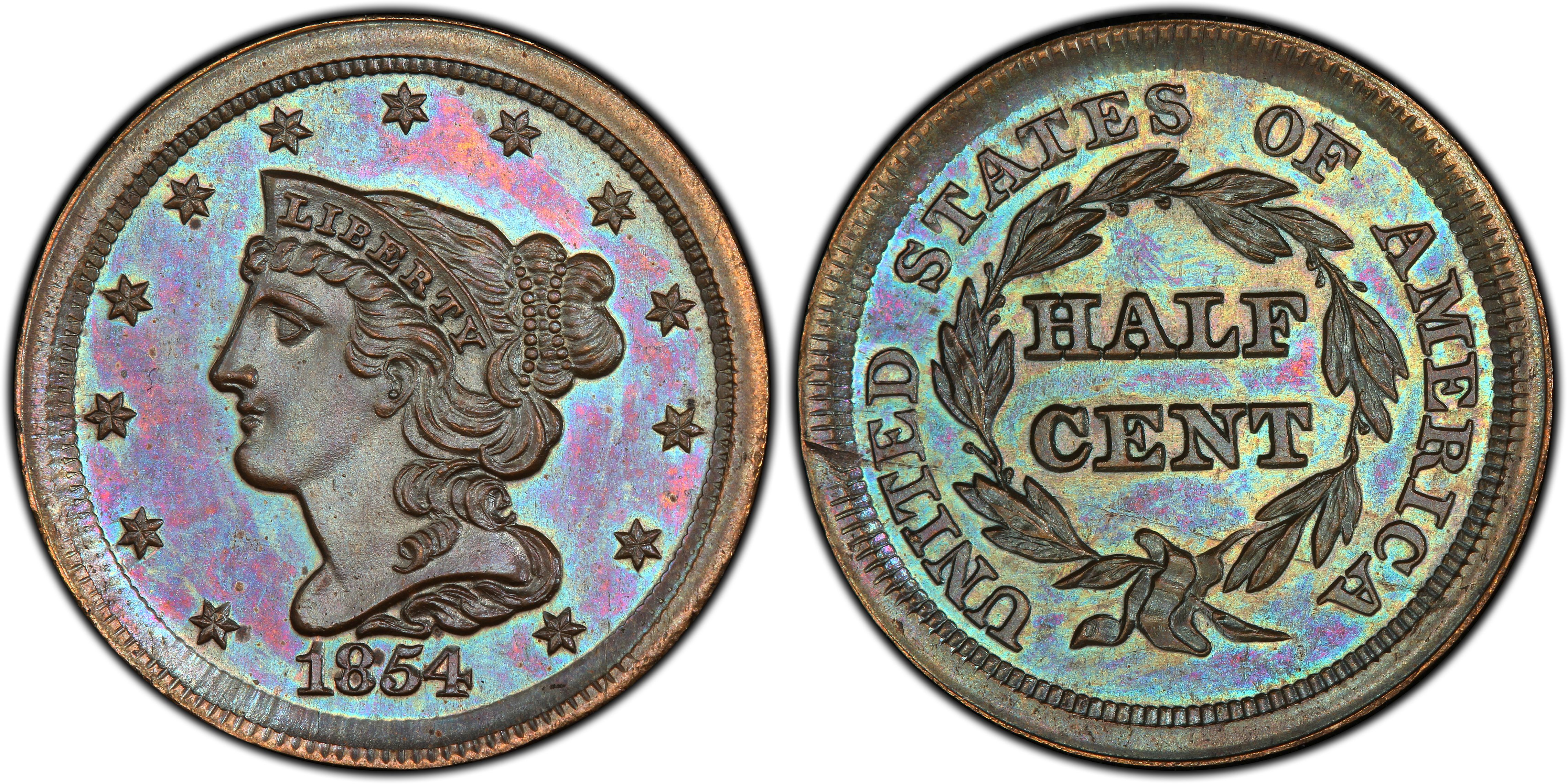 1854 Braided Hair Half Cent 1/2c Graded Ms62 Bn By Segs