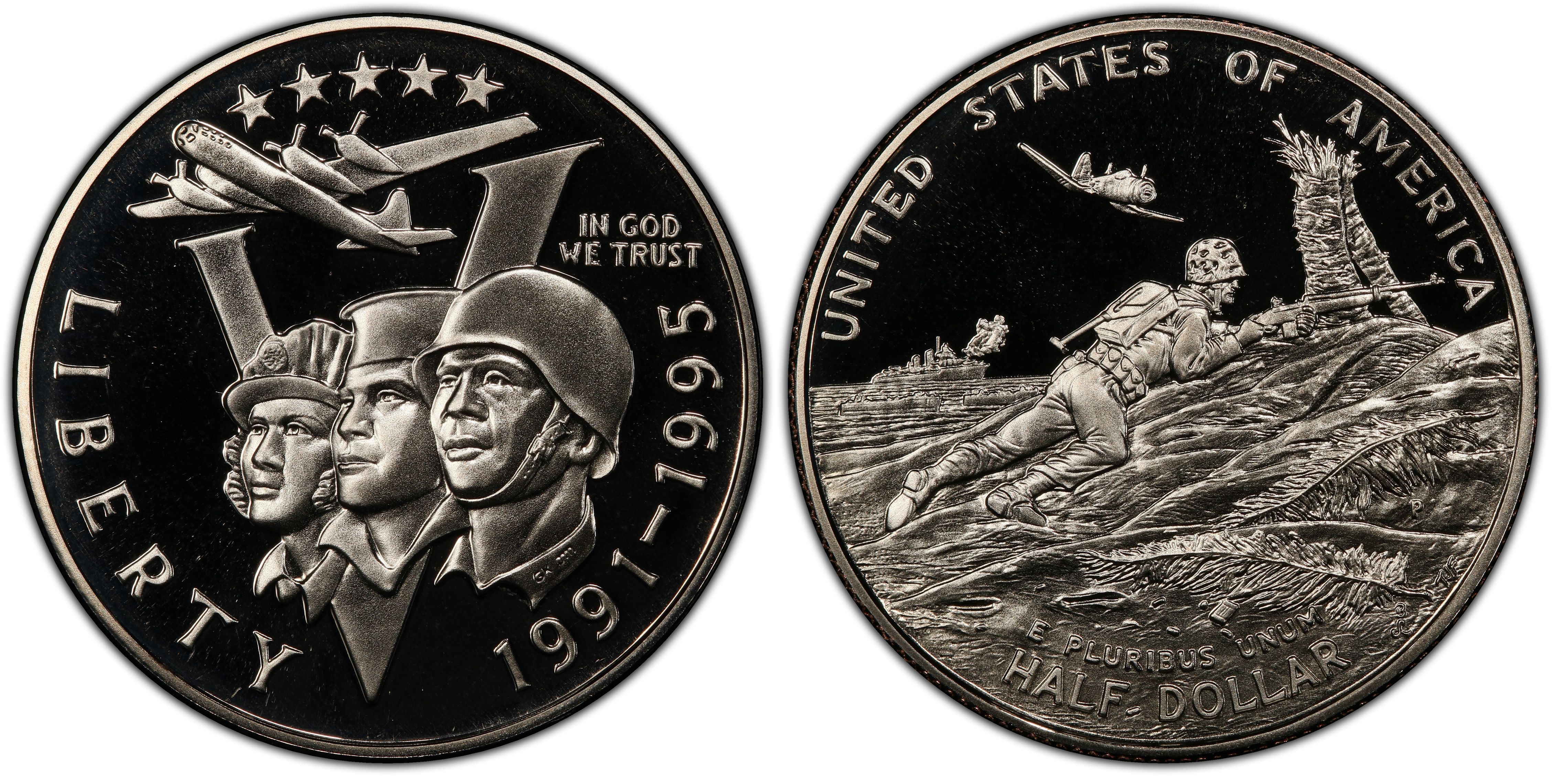 1991/1995 World War II Two Coin 50th BU Set OGH & Cert 50c Clad $1 Silver 