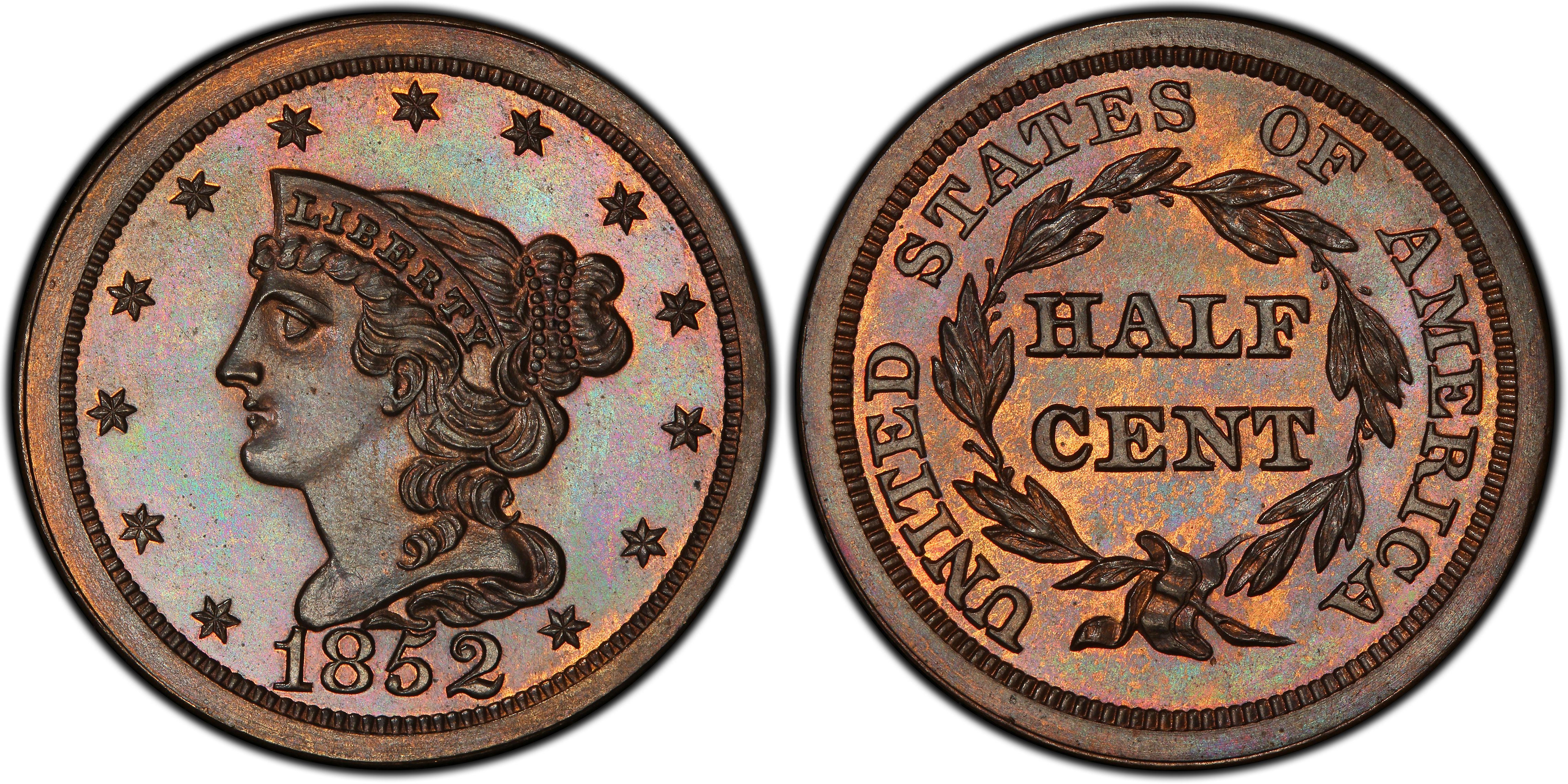 1852 1/2C Restrike, BN (Proof) Braided Hair Half Cent - PCGS CoinFacts