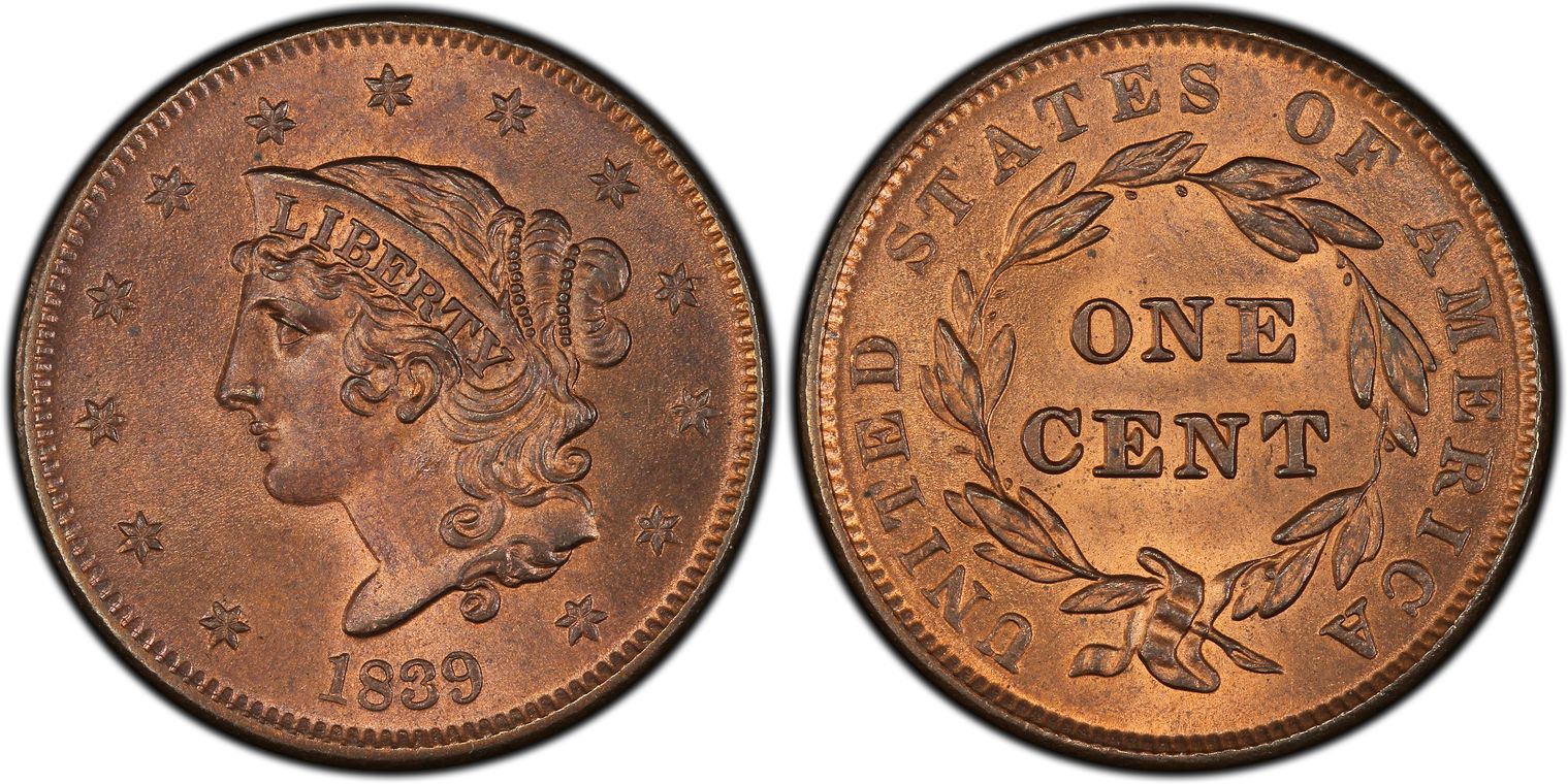 1839 1C Booby Head, RB (Regular Strike) Coronet Head Cent - PCGS CoinFacts