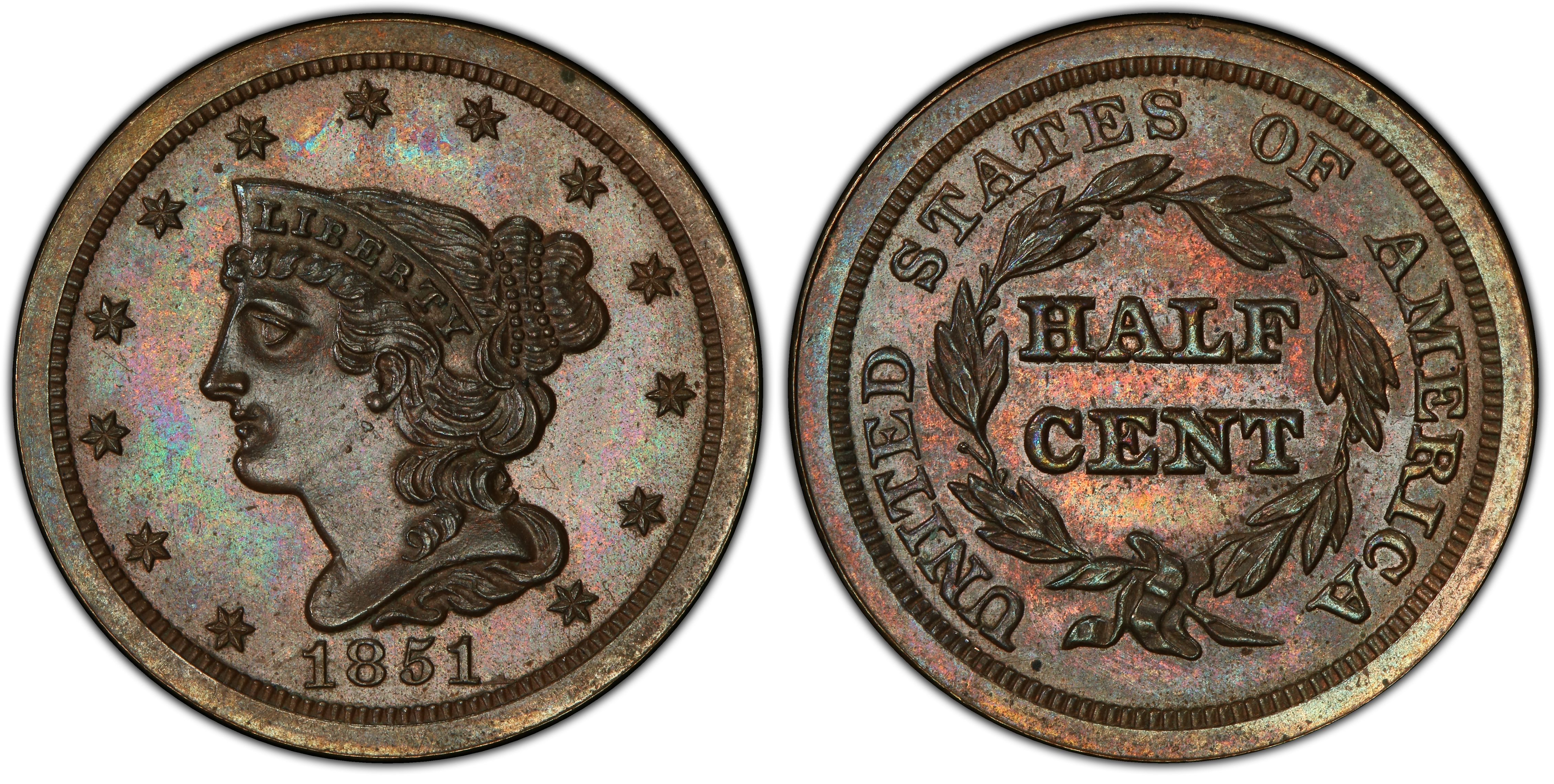1855 1/2C, RD (Proof) Braided Hair Half Cent - PCGS CoinFacts