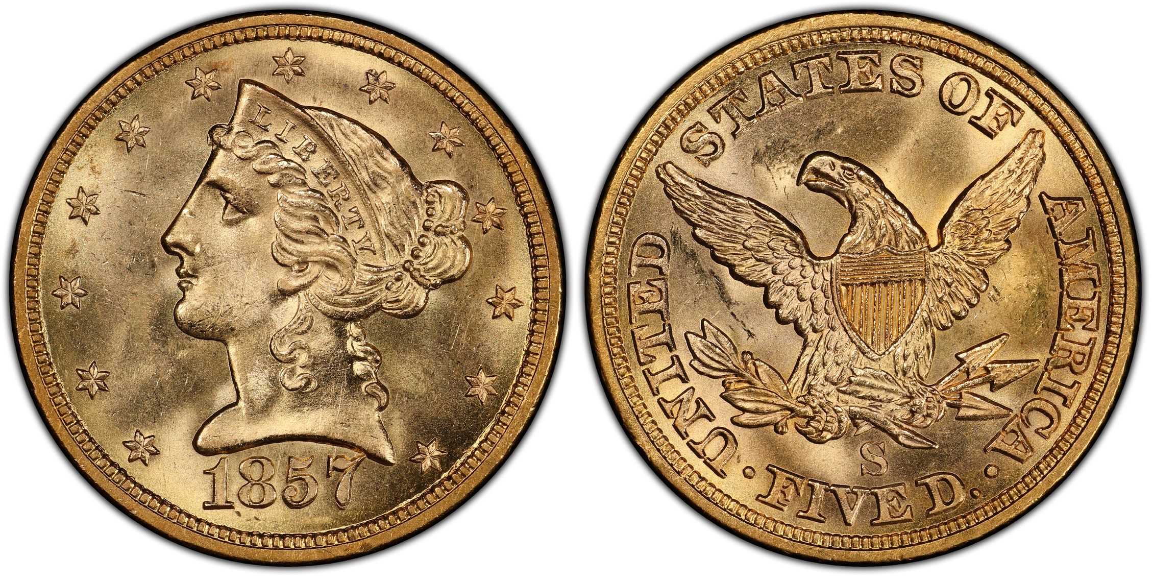 1857-S $5 (Regular Strike) Liberty Head $5 - PCGS CoinFacts