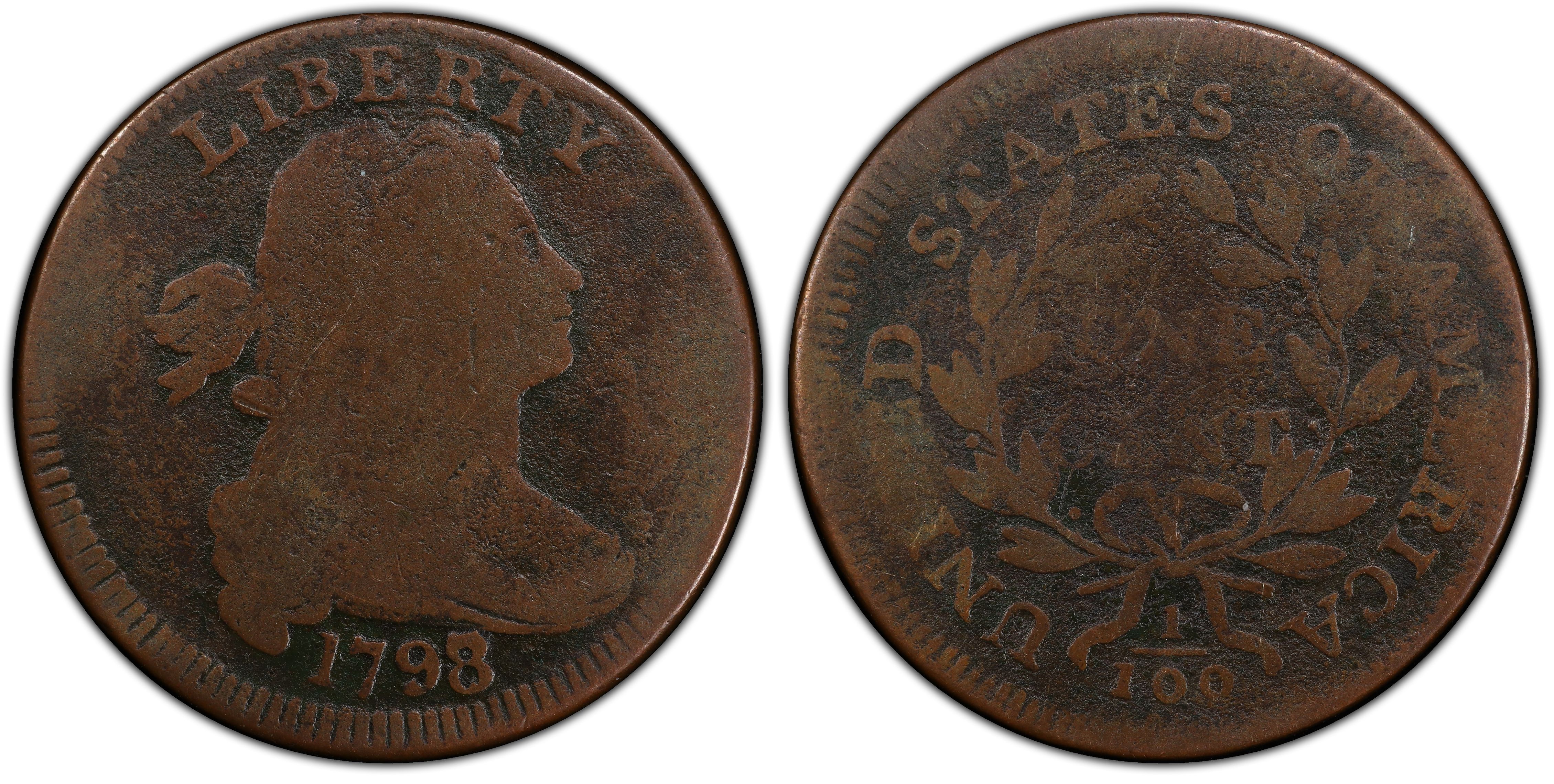 1798 large Cent Draped Bust, F, corroded –