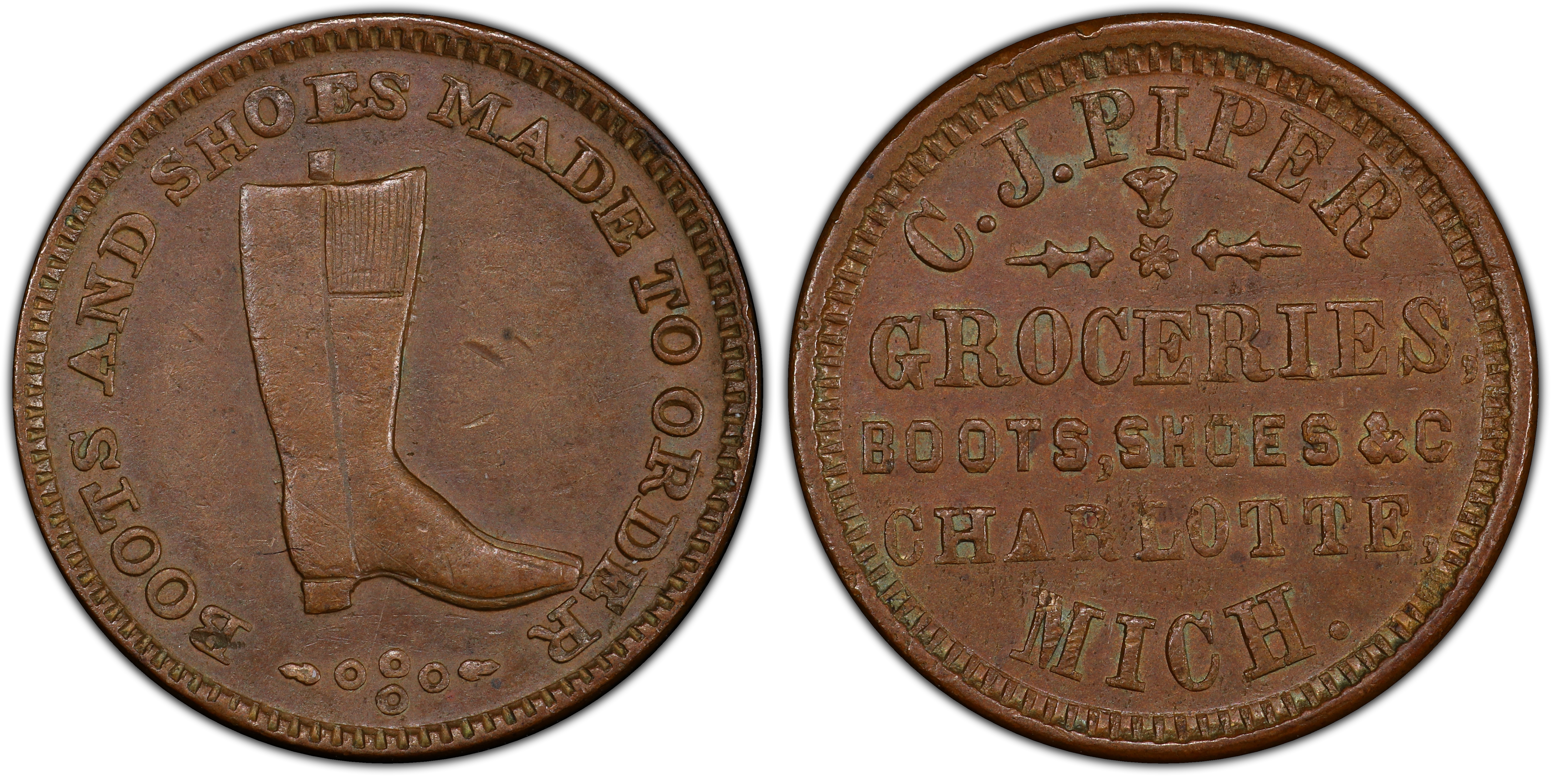 1861 65 Token F 160D 1 Copper PE C.J. Piper MI BN Regular