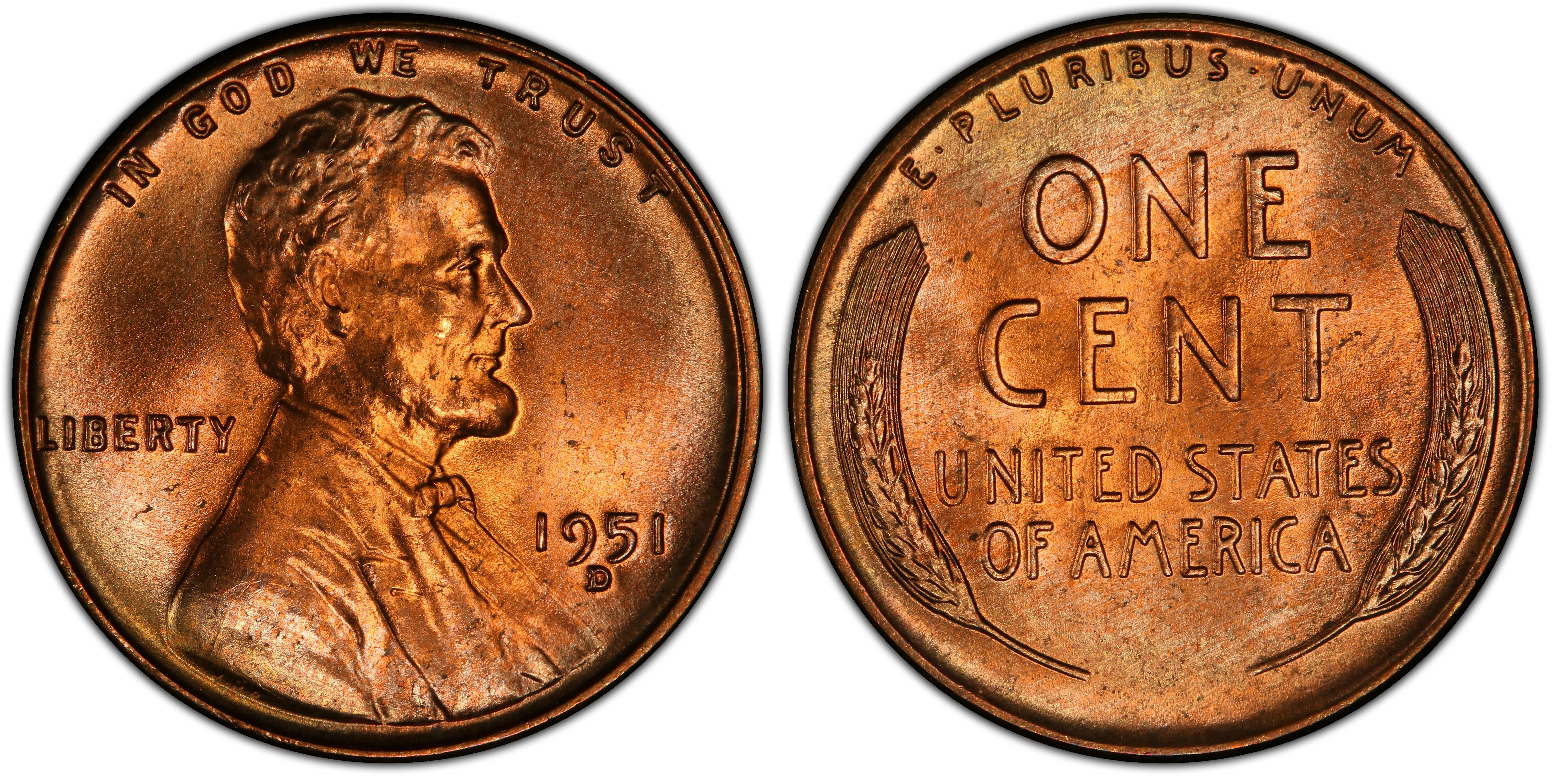 1951-D/S 1C OMM FS-511, RD (Regular Strike) Lincoln Cent (Wheat