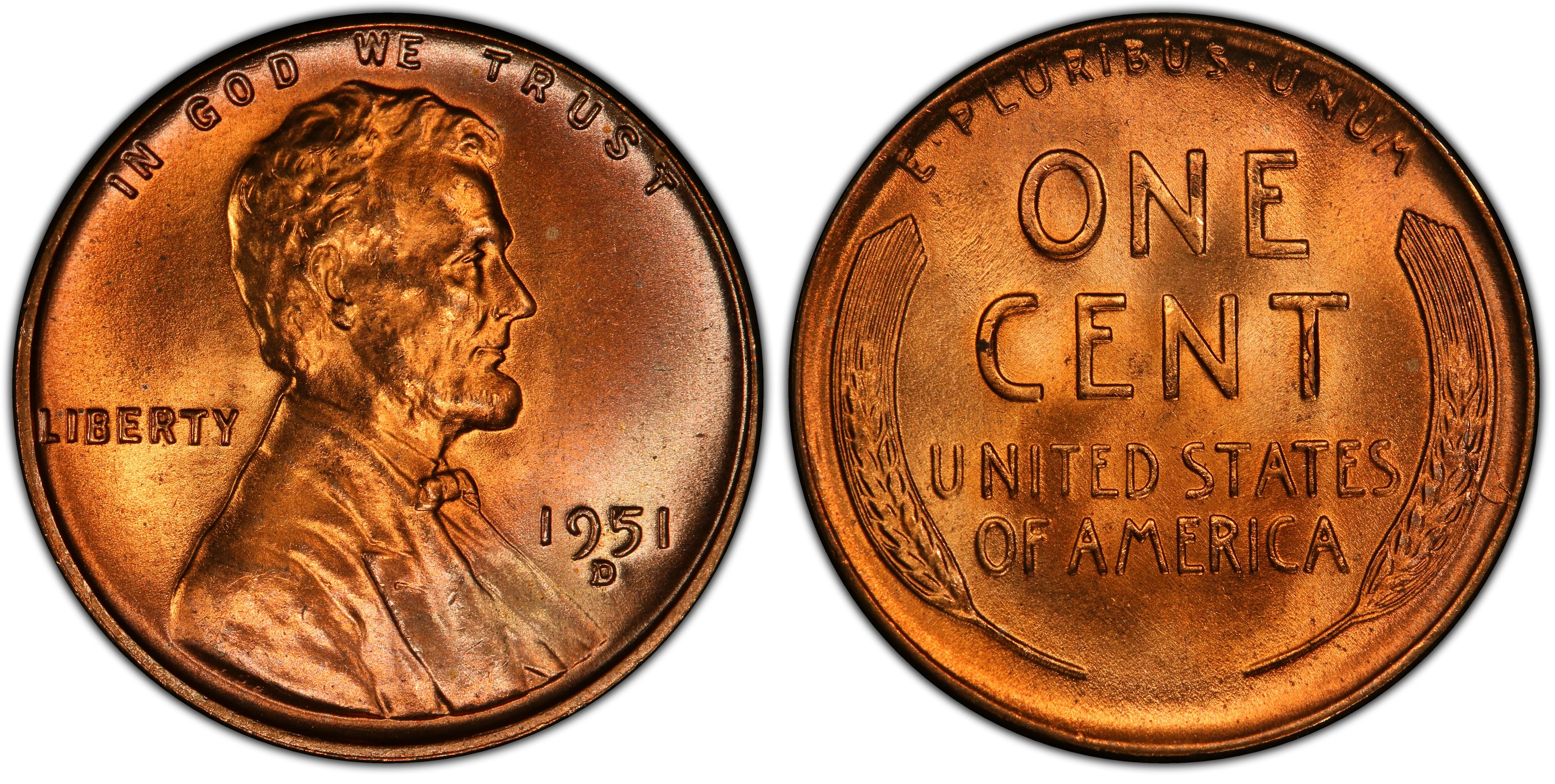 1951-D/S 1C OMM FS-511, RD (Regular Strike) Lincoln Cent (Wheat