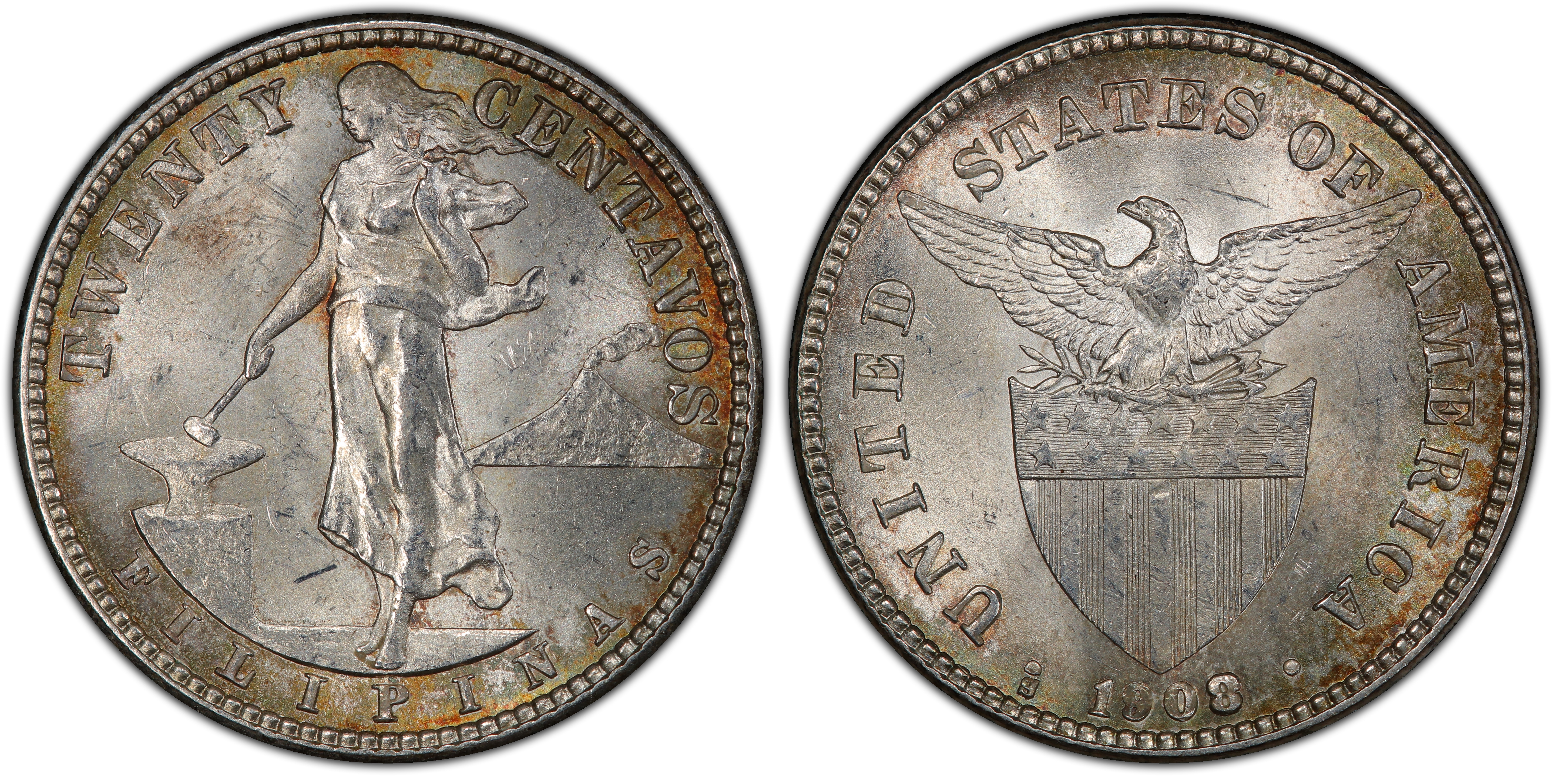 1908-S 20C (Regular Strike) U.S. Philippines - PCGS CoinFacts