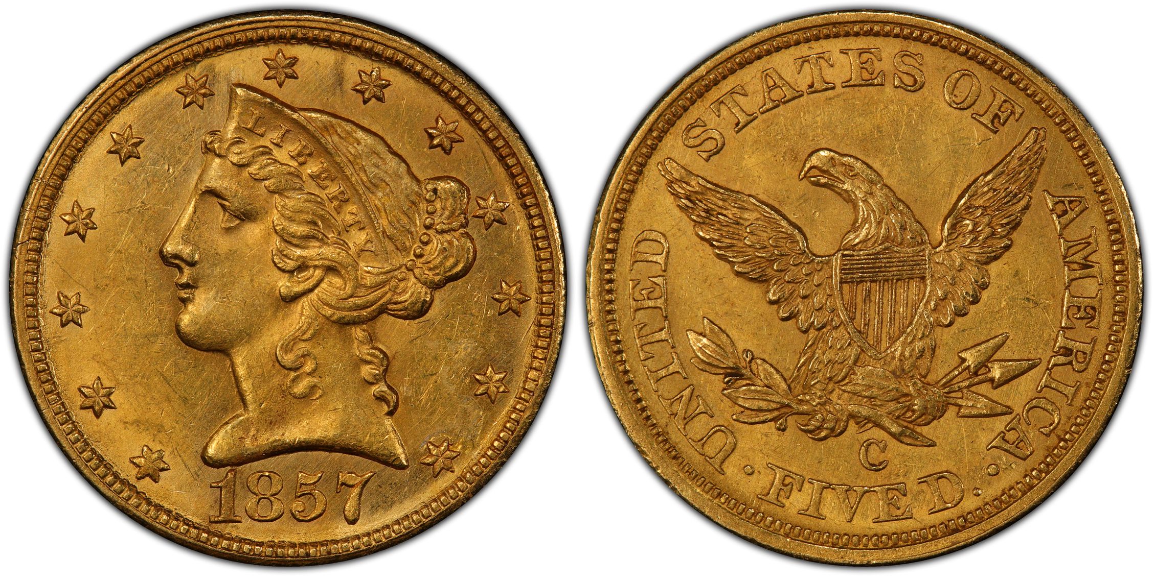 1857-c $5 (regular Strike) Liberty Head $5 - Pcgs Coinfacts