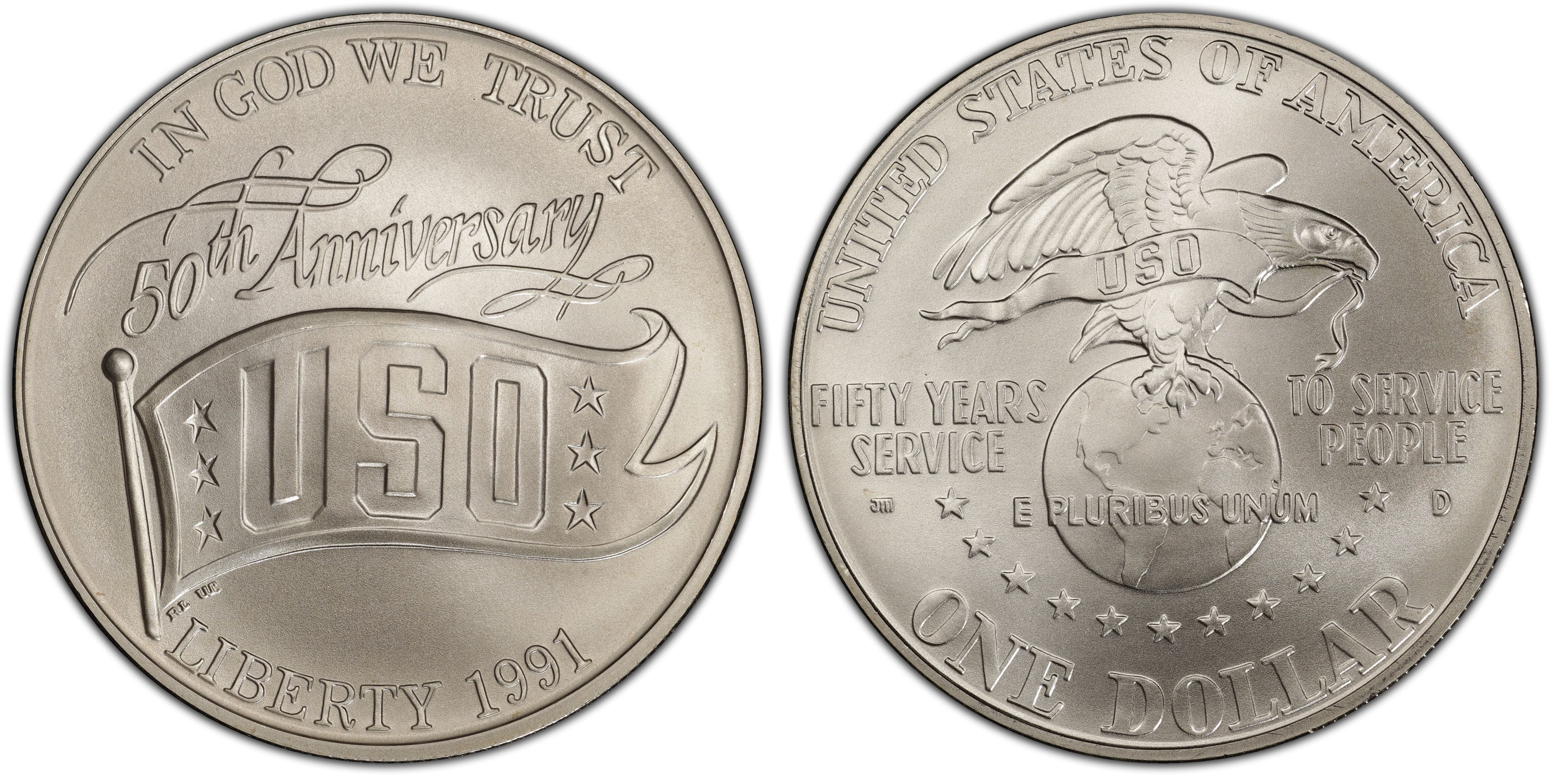 1991-D USO U.S.O Silver Commemorative Dollar MS69 PCGS Mint State 69