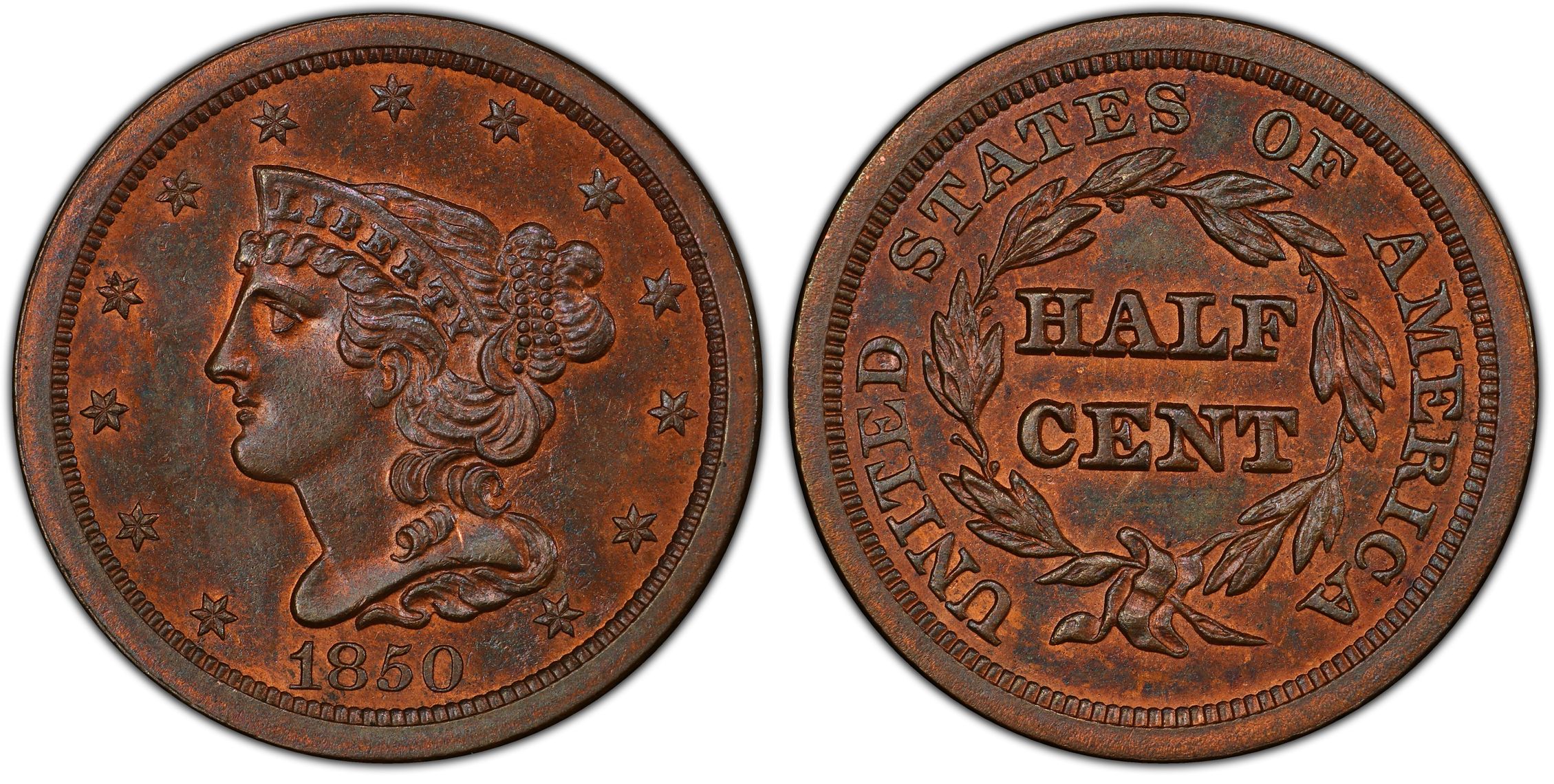 1850 1 2C BN Regular Strike Braided Hair Half Cent PCGS CoinFacts