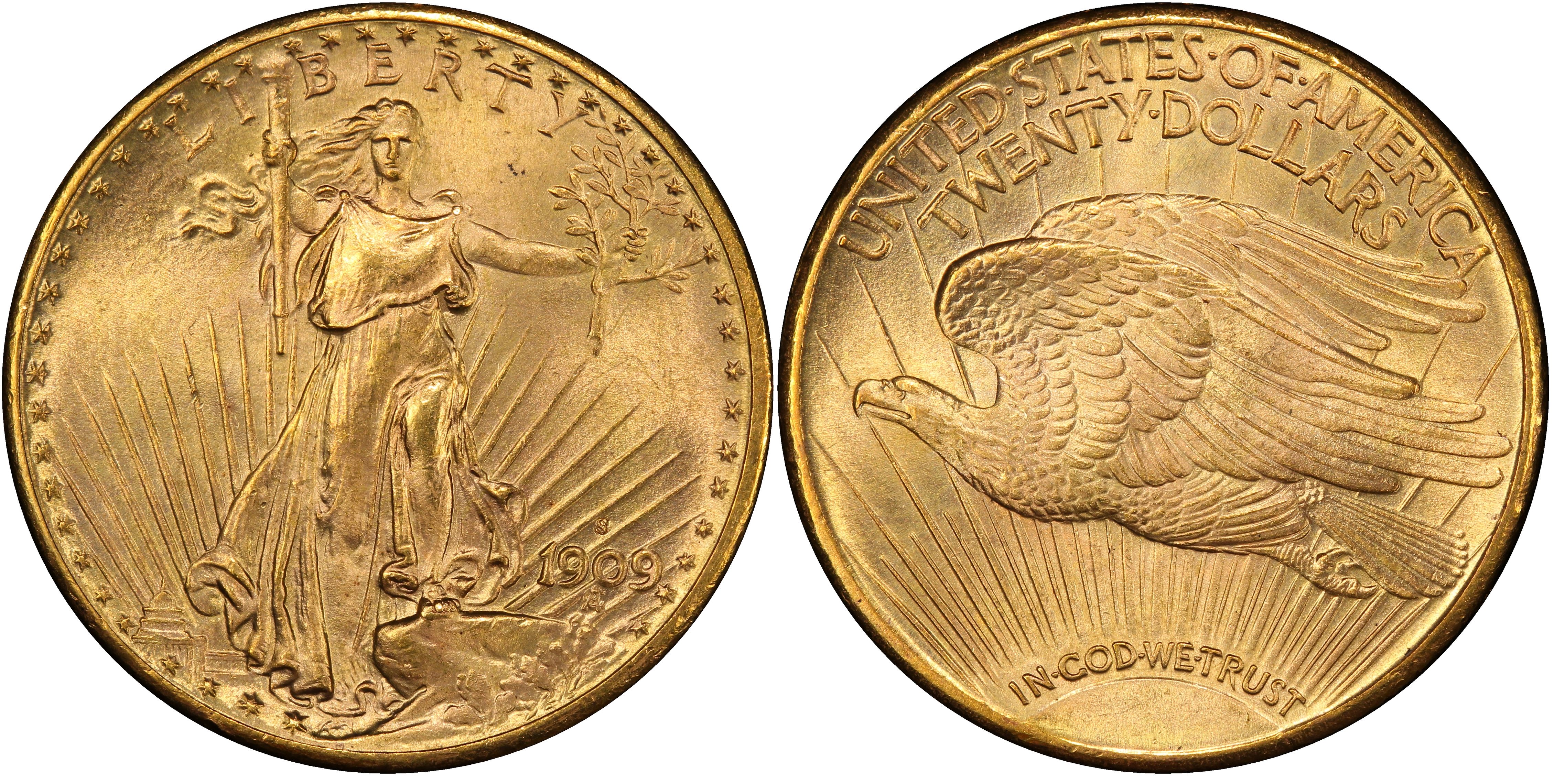 Gaudens　MS　Eagle　#gct-wr-012466-8208-　Rive　Gold　Collection　Saint　$20　[送料無料]　Coin　金貨　Double　63　アンティークコイン　PCGS　1909-S　d´Or