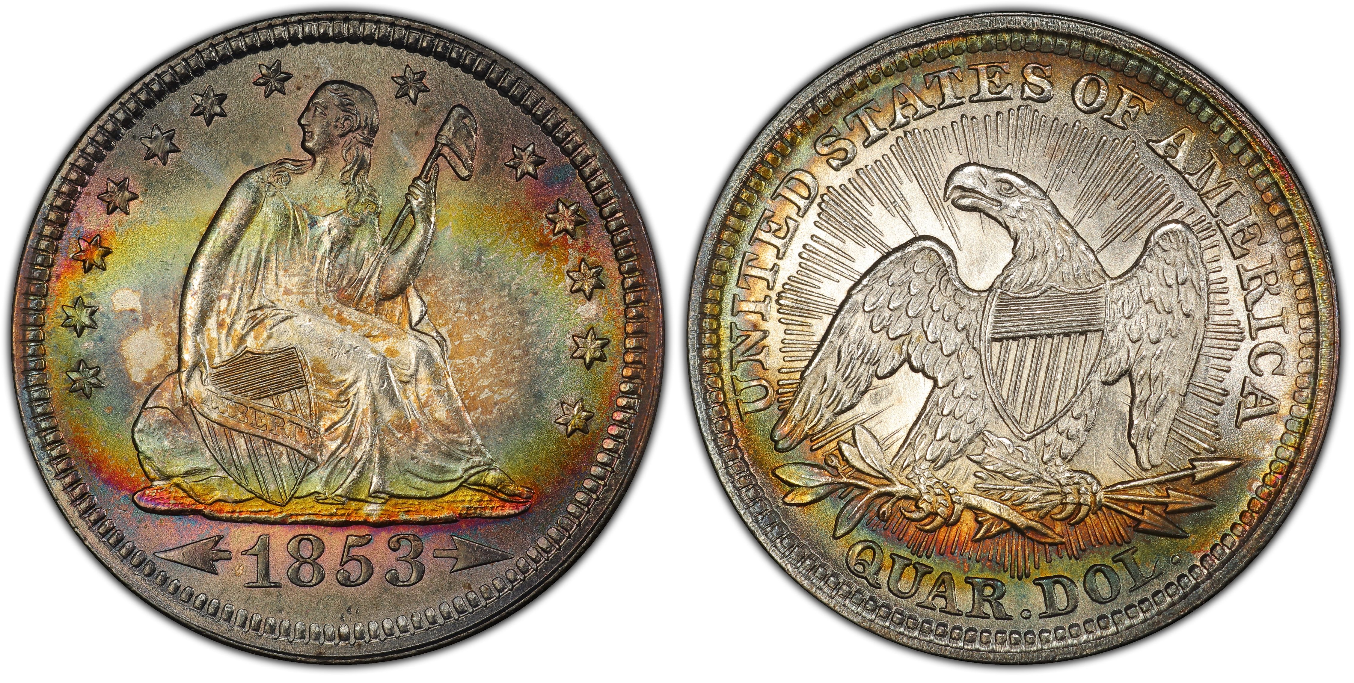 1853 25C Arrows and Rays (Regular Strike) Liberty Seated Quarter